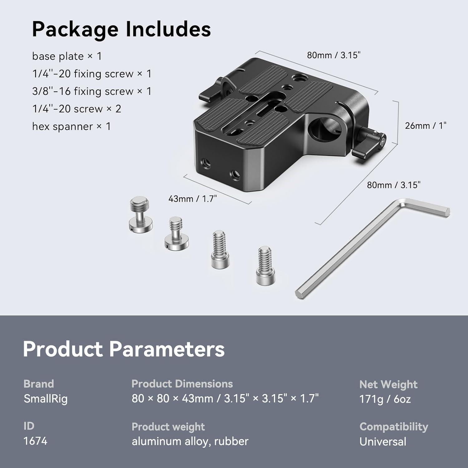 Placa Base SmallRig 1674 para Cámaras y Jaulas 15mm