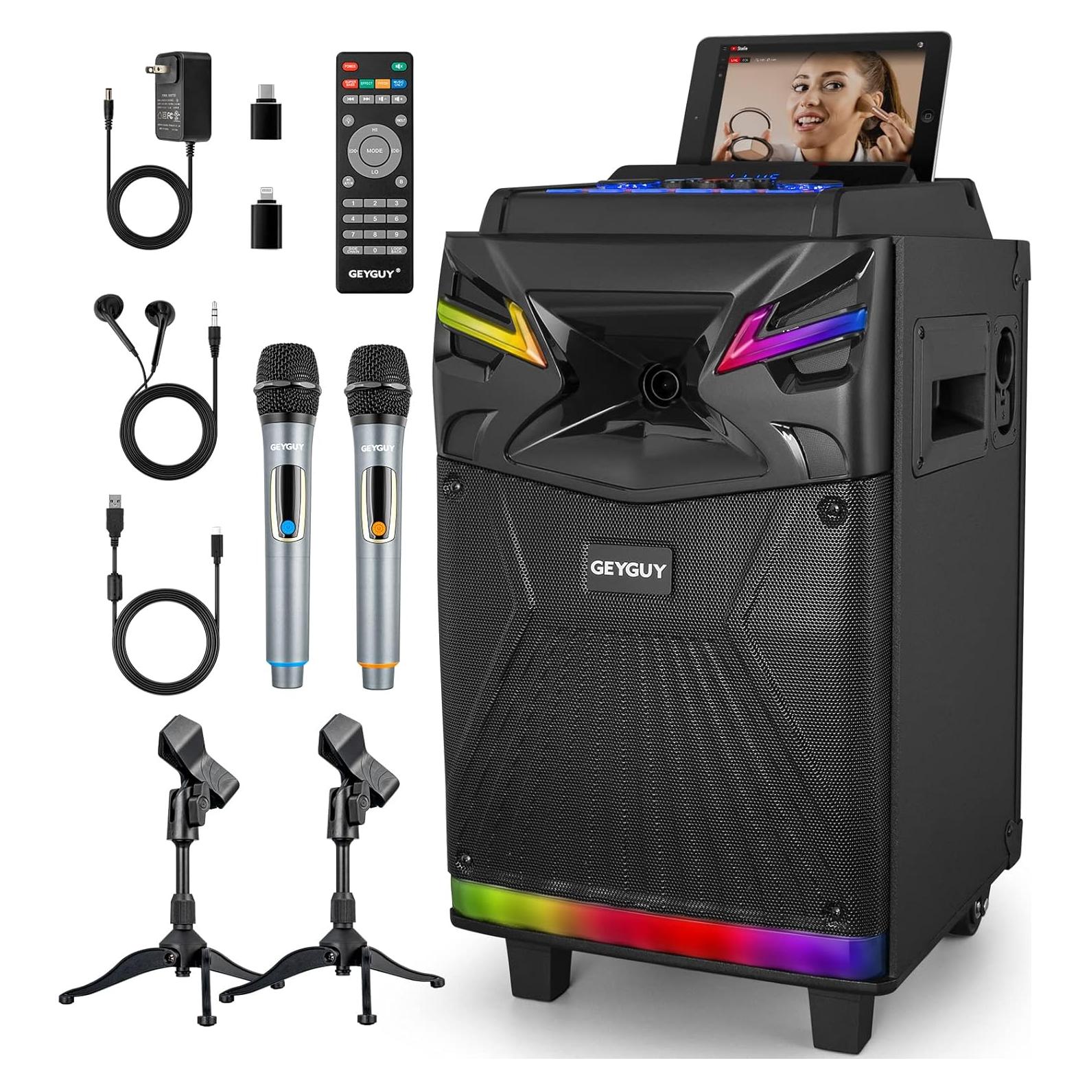 Máquina de Karaoke GEYGUY 10" Bluetooth 600W con 2 Micrófonos