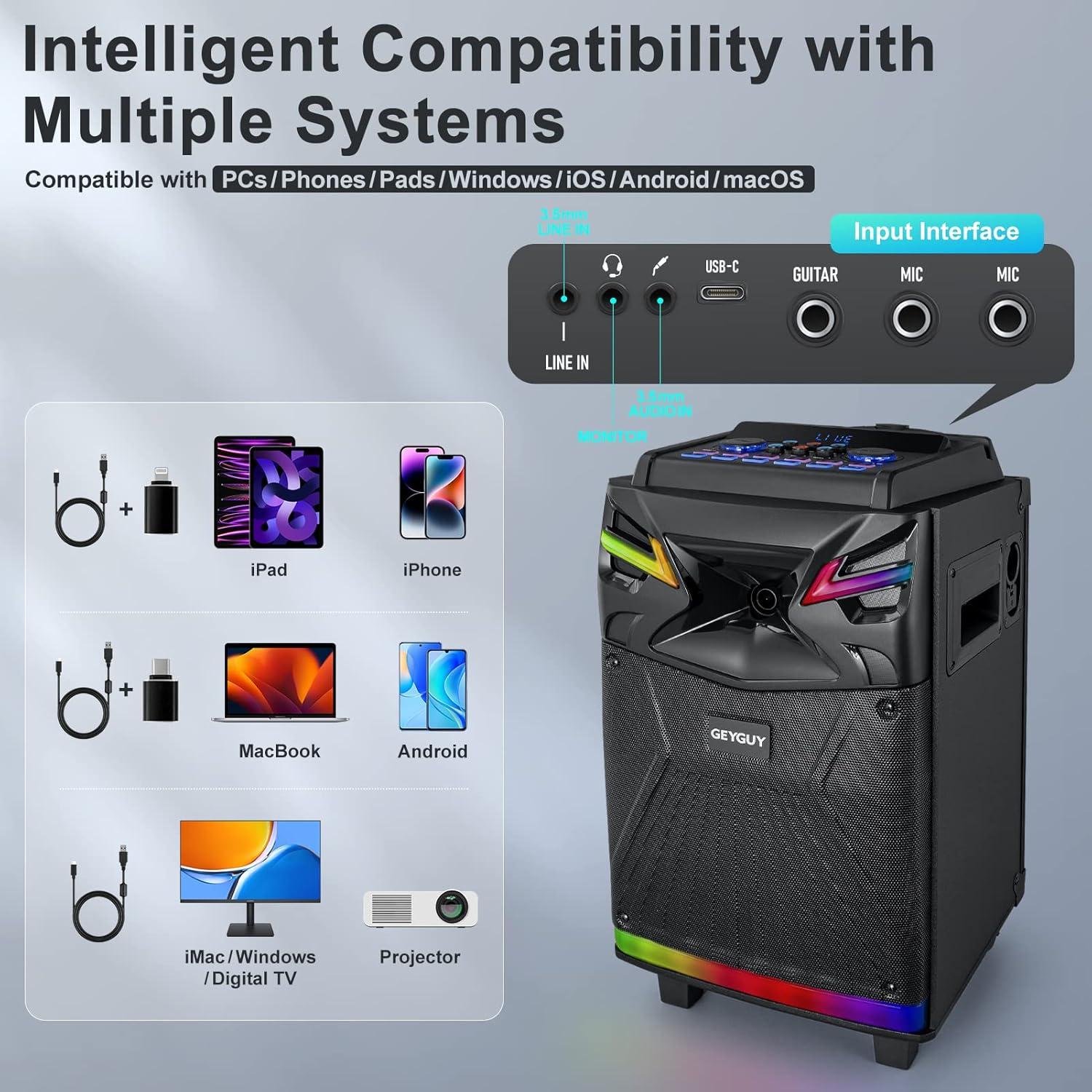 Máquina de Karaoke GEYGUY 10" Bluetooth 600W con 2 Micrófonos