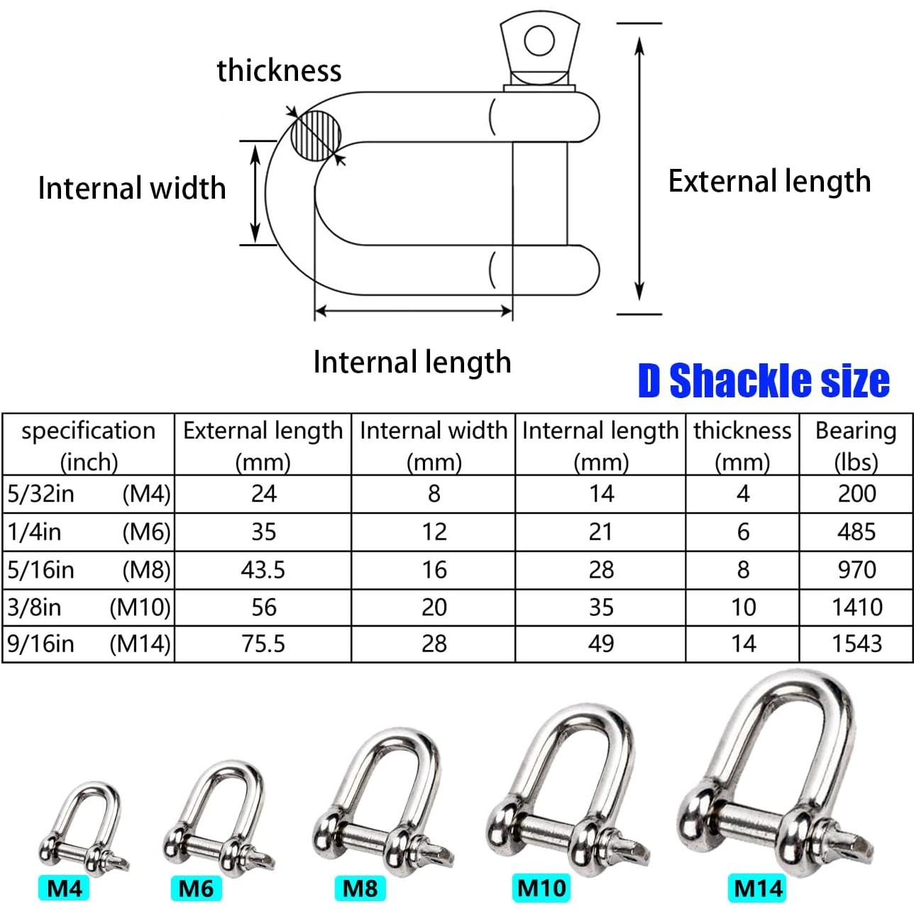 Grillete en D de acero inoxidable 304 6mm 4 piezas alta resistencia