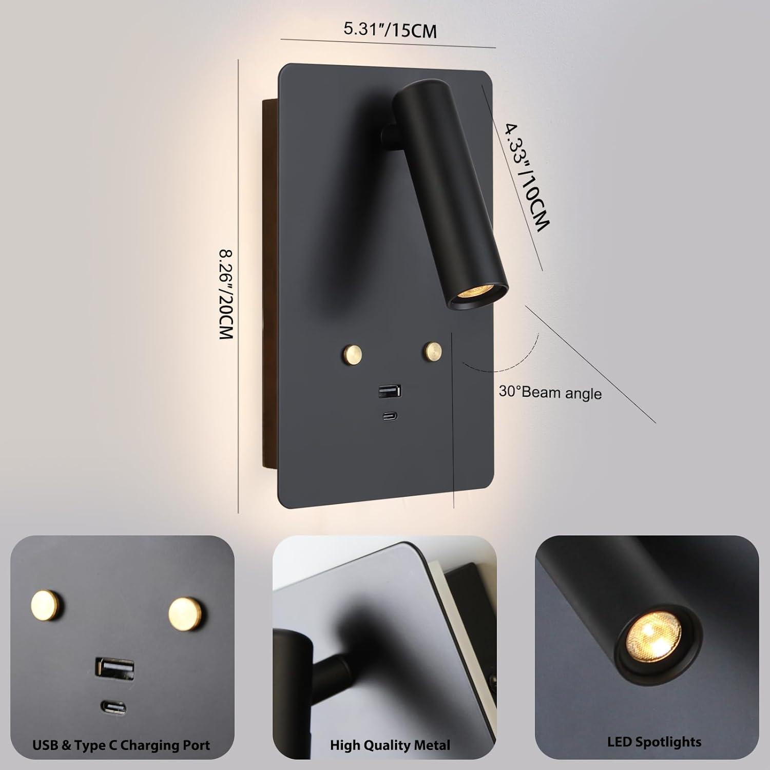 Luz de Lectura Montada en Pared ZEROUNO LED con USB Negro