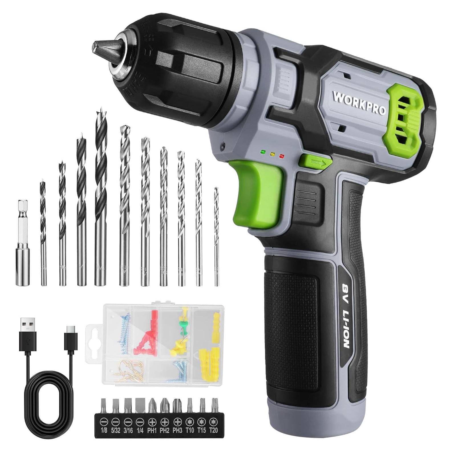 Taladro Inalámbrico WORKPRO 8V con 53 Piezas y Cargador