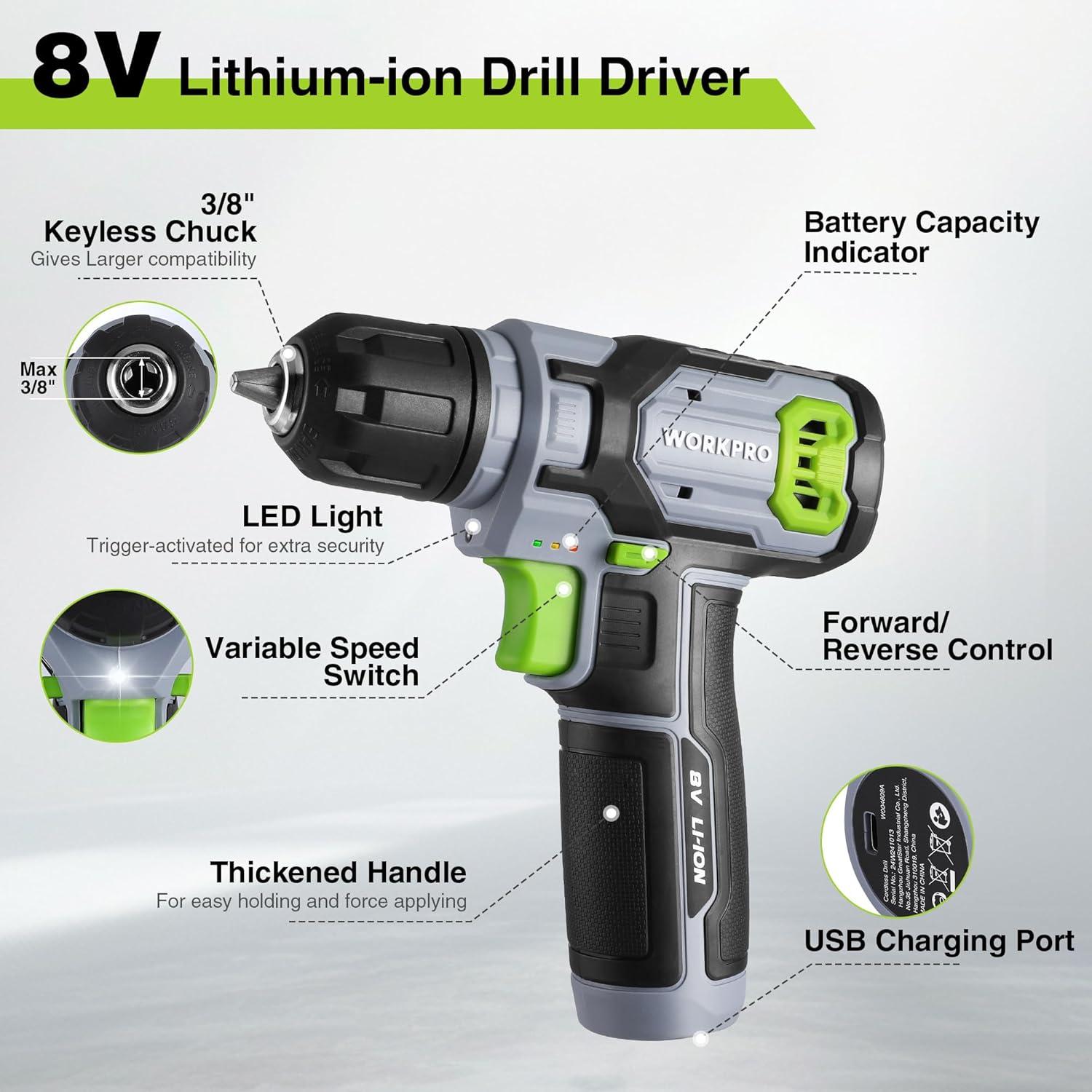 Taladro Inalámbrico WORKPRO 8V con 53 Piezas y Cargador