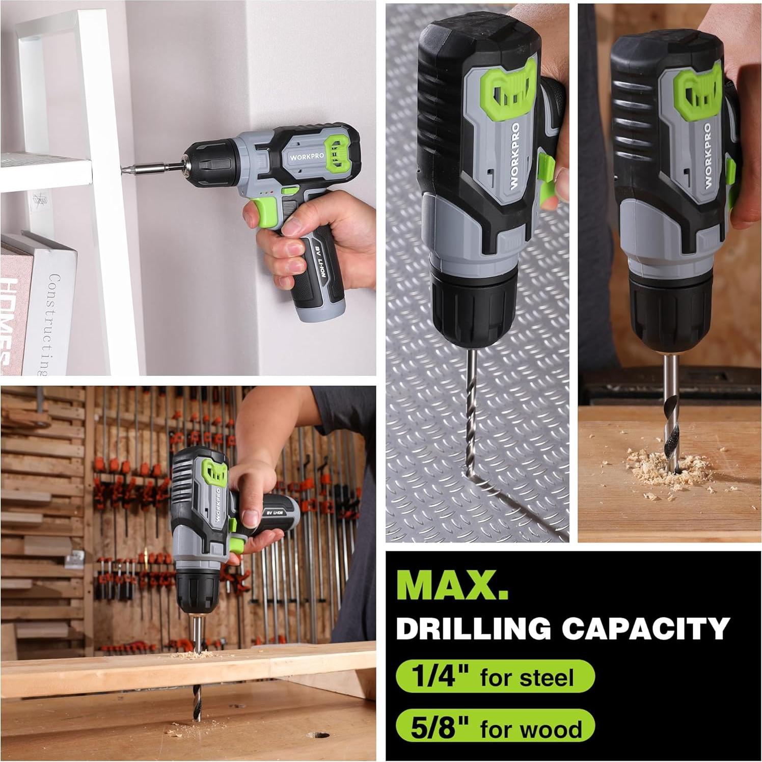 Taladro Inalámbrico WORKPRO 8V con 53 Piezas y Cargador