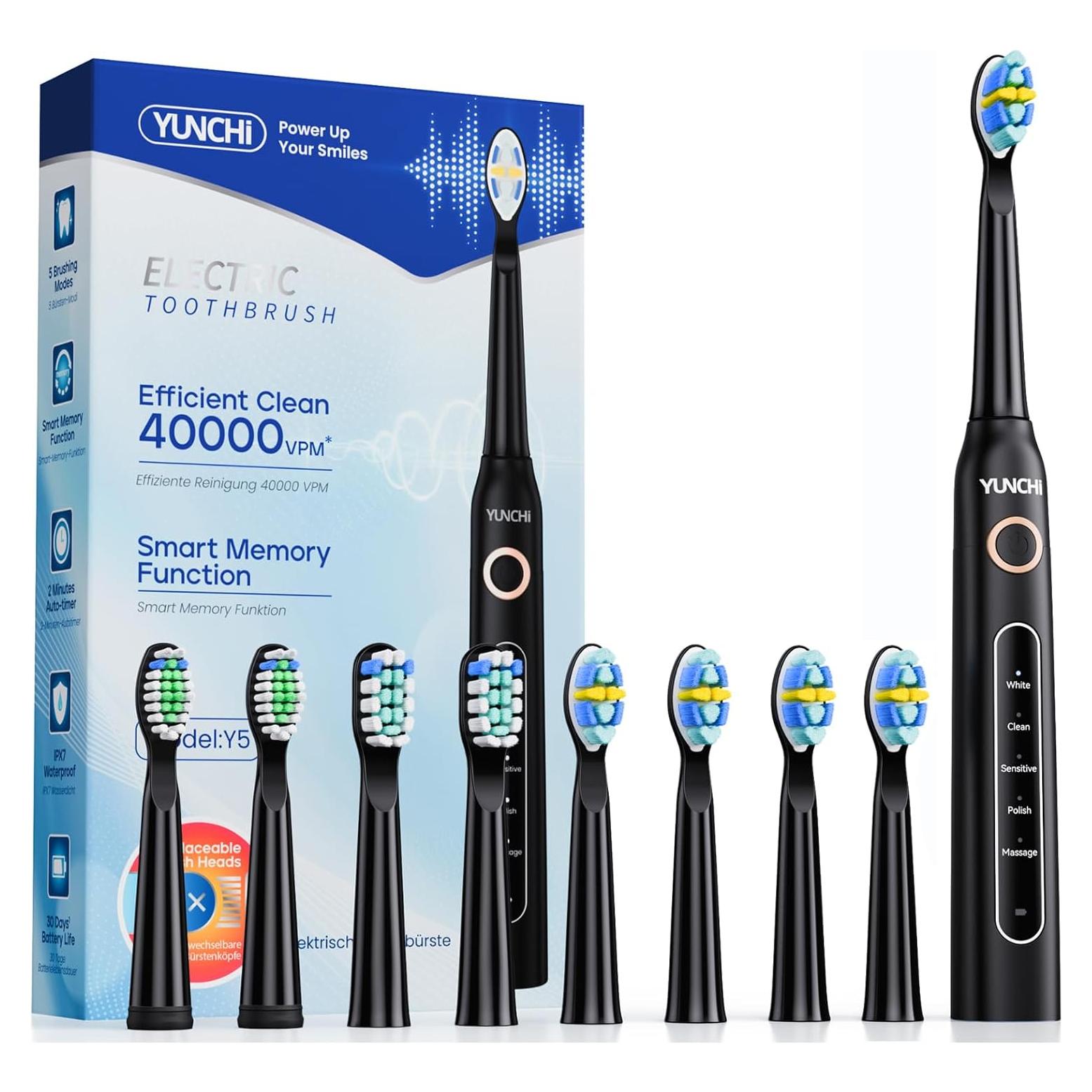 Cepillo de Dientes Eléctrico YUNCHI Negro, 5 Modos, 8 Cabezas, IPX7