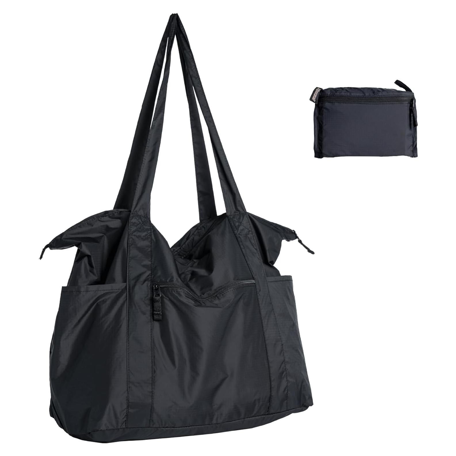 Bolsa Tote Plegable de Nailon 25L Negra - Ligera y Compacta