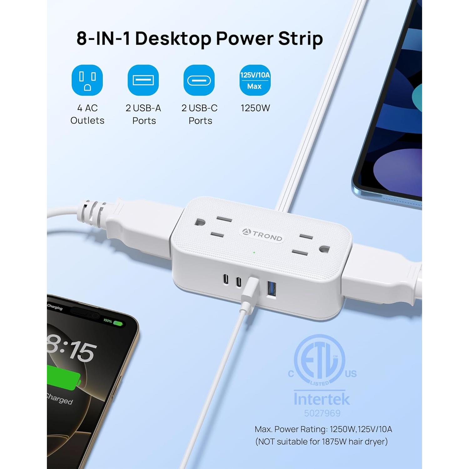 Regleta TROND 5FT con 4 USB y Protección 900J - Enchufe Rotatorio