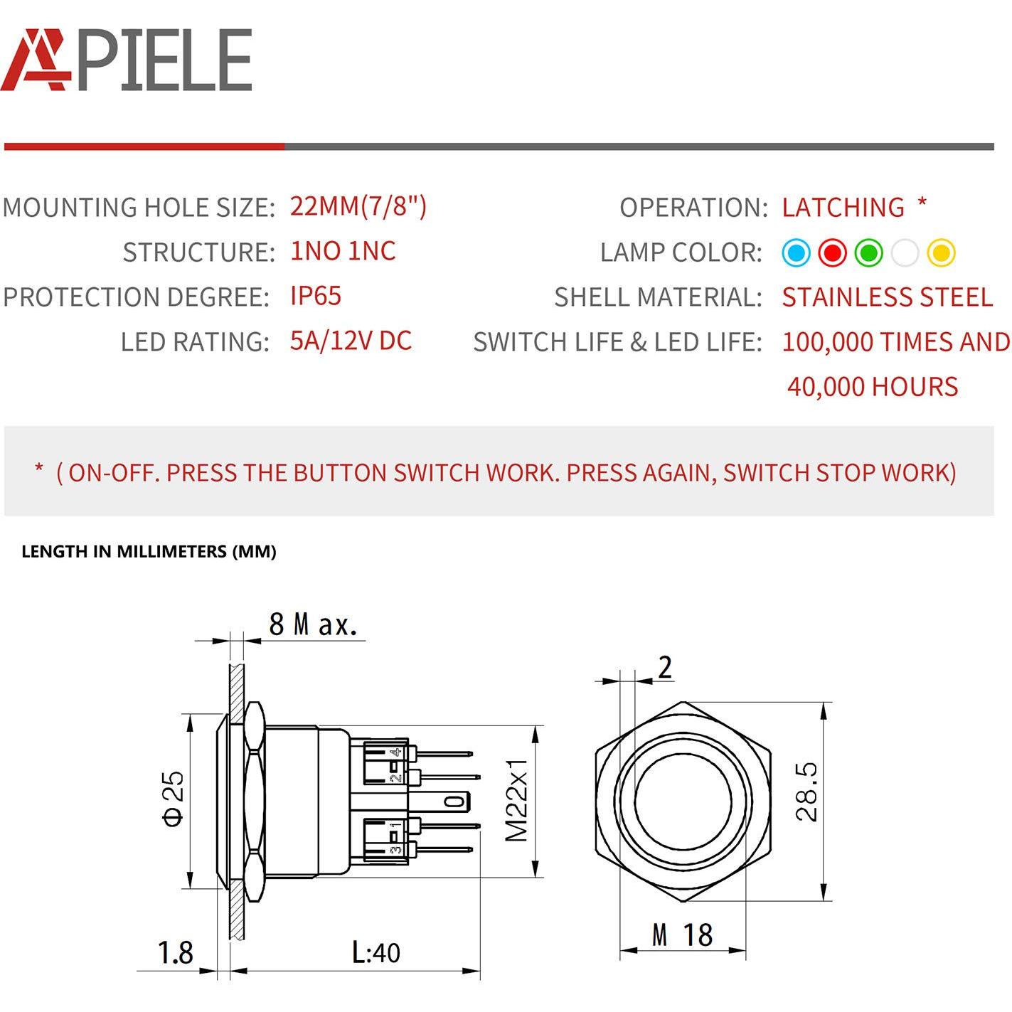 Interruptor de Botón de Presión APIELE 22mm Acero Inoxidable LED 12V