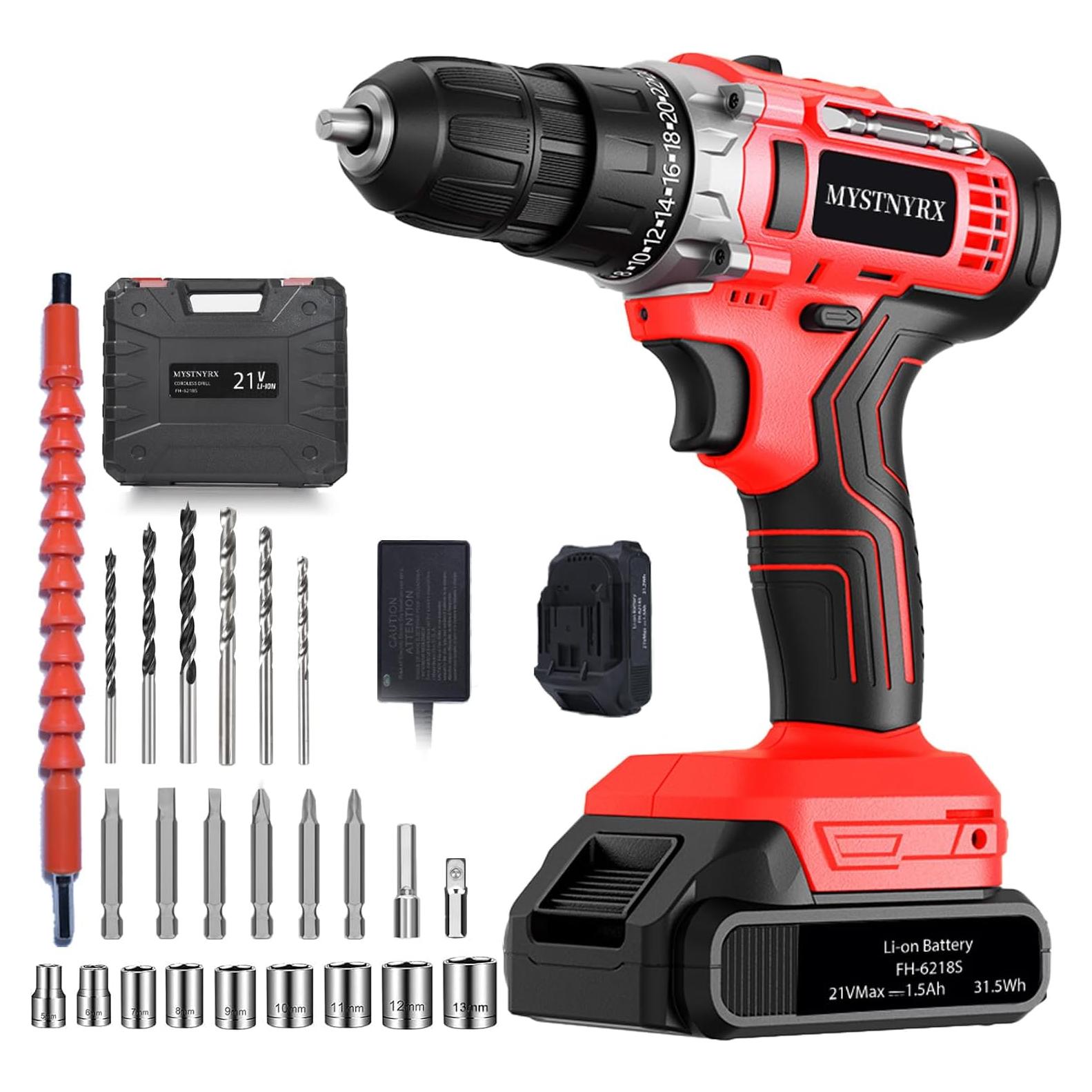 Taladro Atornillador Inalámbrico MYSTNYRX 21V 2 Baterías 26 Accesorios