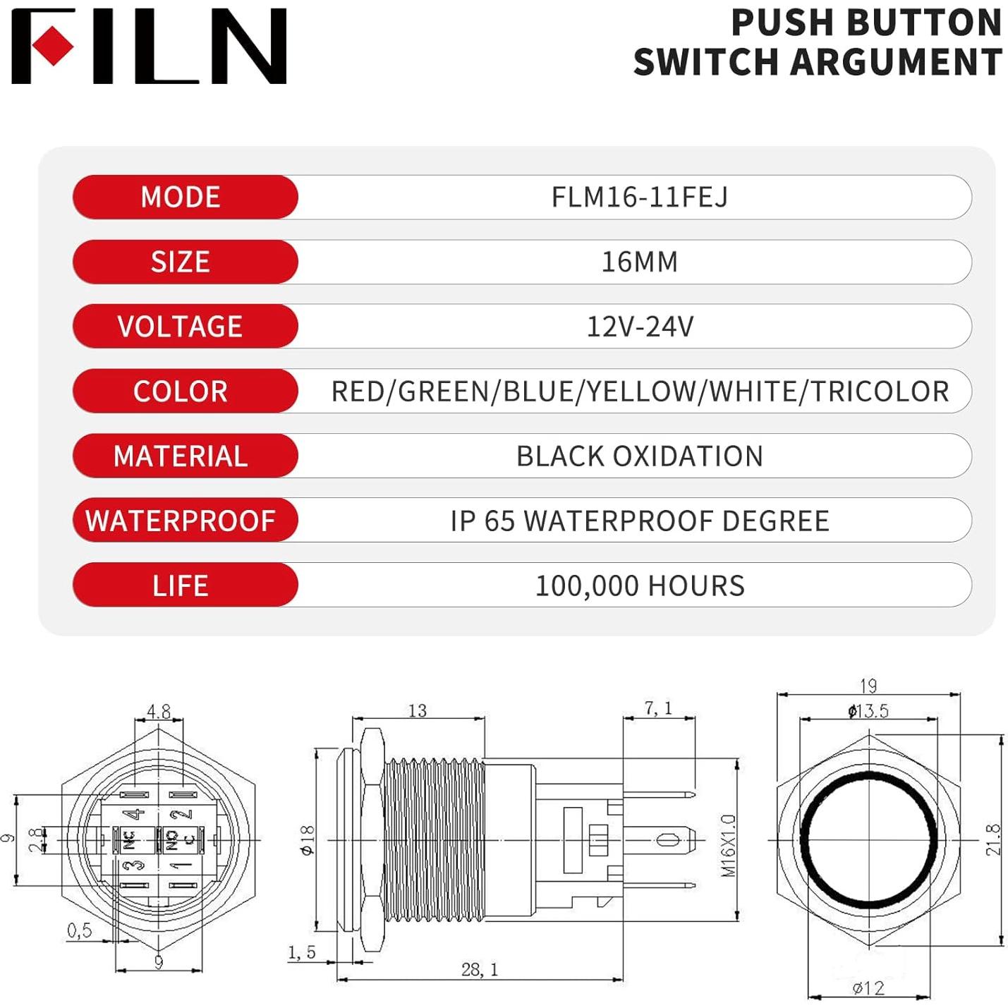 Interruptor de Botón LED 16mm FILN IP67 Azul para Coches