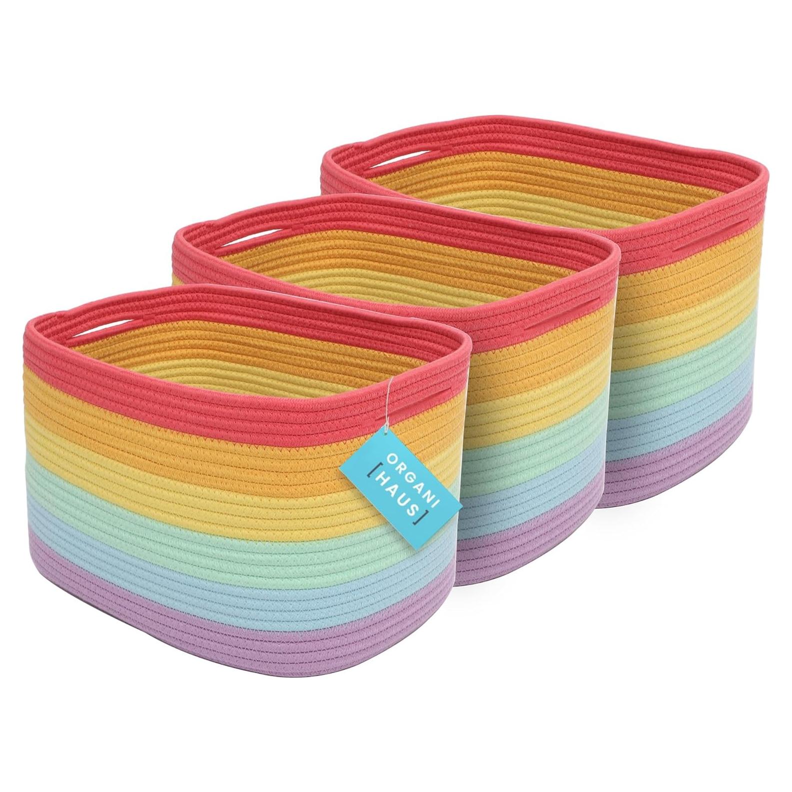 Set de 3 Cestas de Almacenamiento Tejidas OrganiHaus Arcoíris 38x25x23 cm