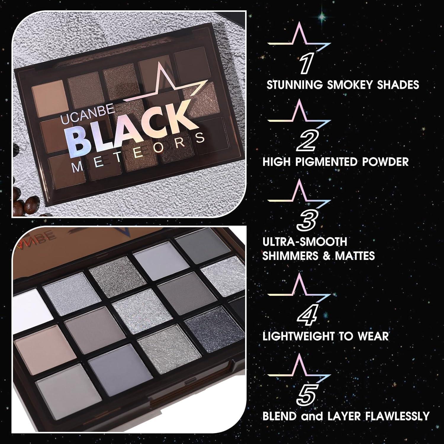 Paleta de Sombras UCANBE Meteoros Negros 15 Colores Mate y Brillantes