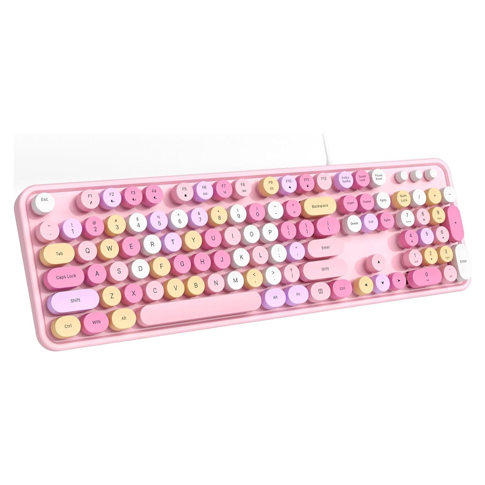 MOFII Wired Keyboard, Full Size Retro Typewriter Keyboard with Round Keys, Cute Computer Keyboard for PC, Laptop, Desktop, Windows- Pink Colorful
