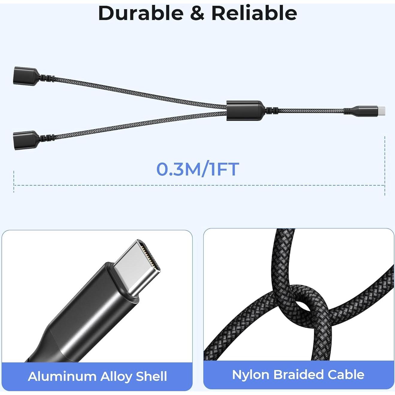 Adaptador USB C a Doble USB A 1FT Basesailor Negro