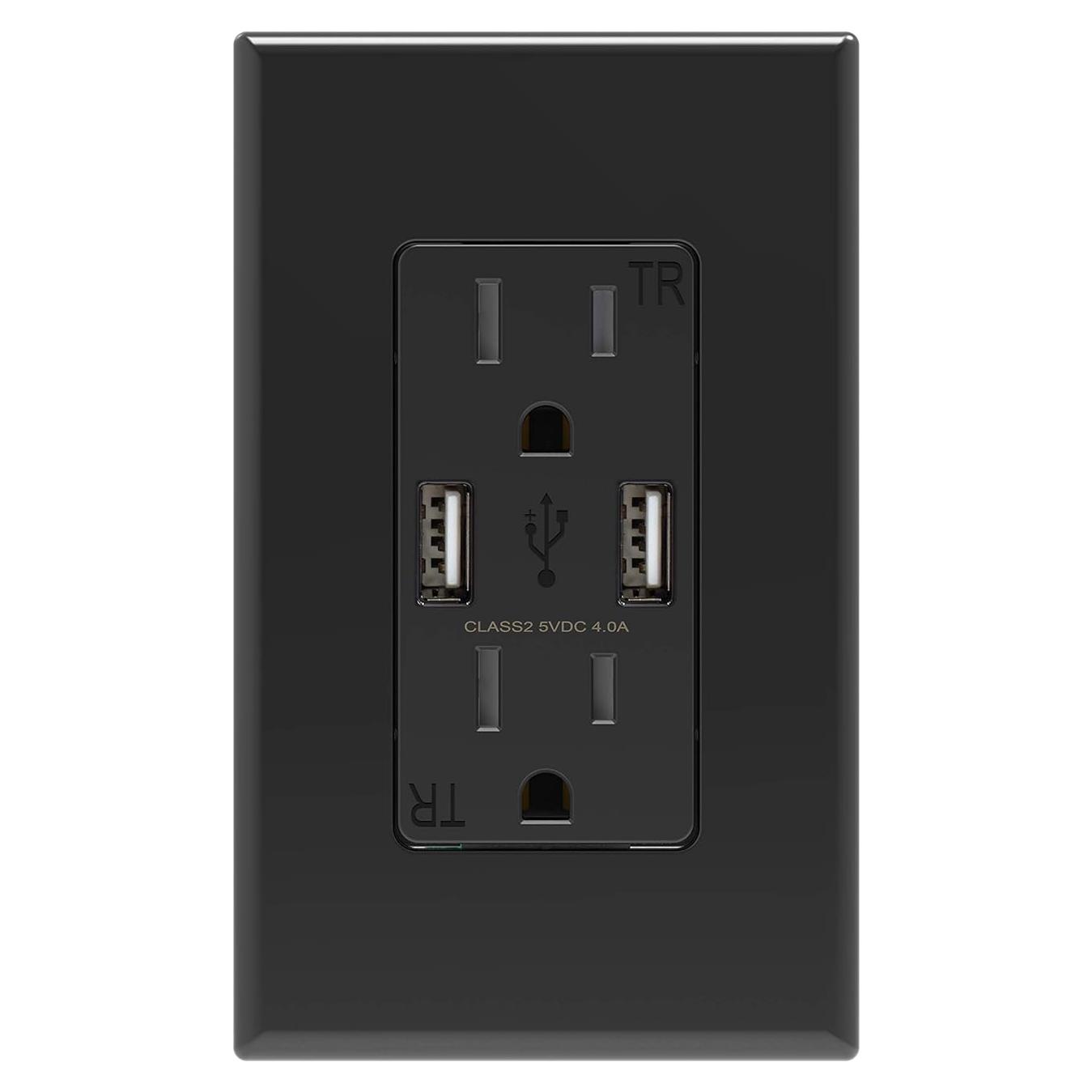 Toma de corriente ELEGRP 15A con 2 puertos USB 4.0A negra