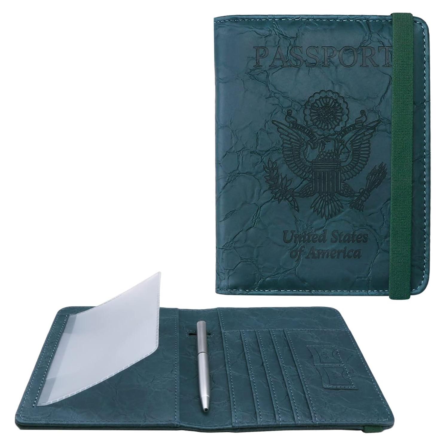 Portapasaportes WALNEW RFID Verde Oscuro, Funda de Cuero PU