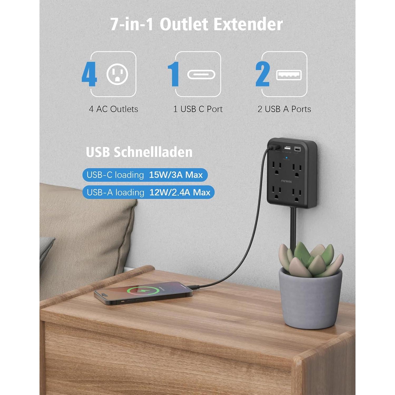 Extensor de Enchufe Plano PAEWOK 4 Salidas USB 1.22m Negro