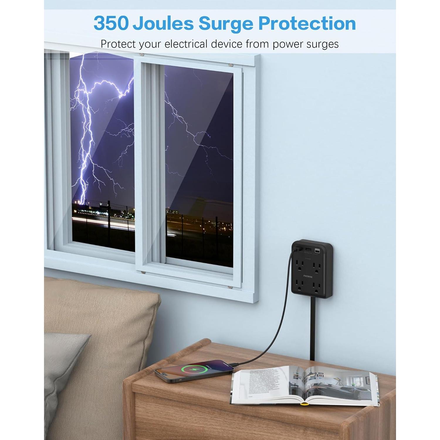 Extensor de Enchufe Plano PAEWOK 4 Salidas USB 1.22m Negro