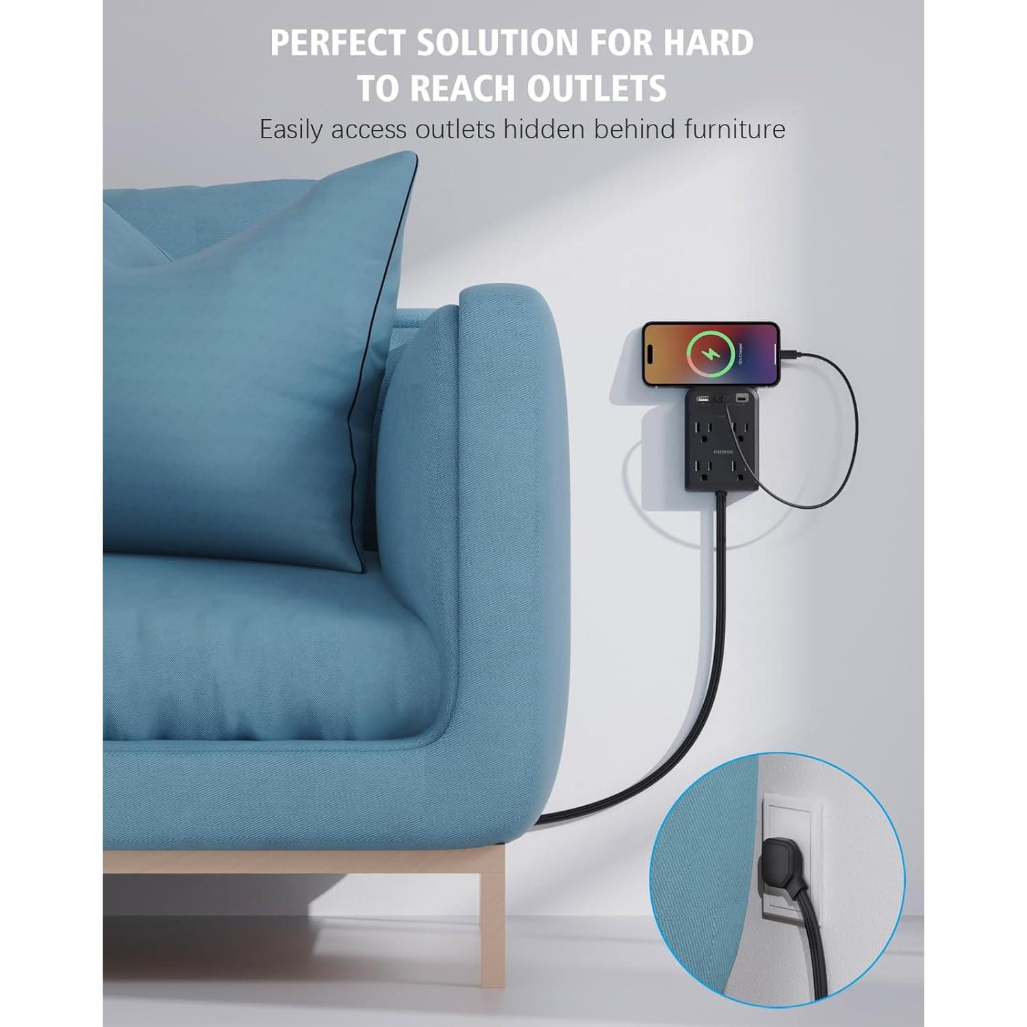 Extensor de Enchufe Plano PAEWOK 4 Salidas USB 1.22m Negro