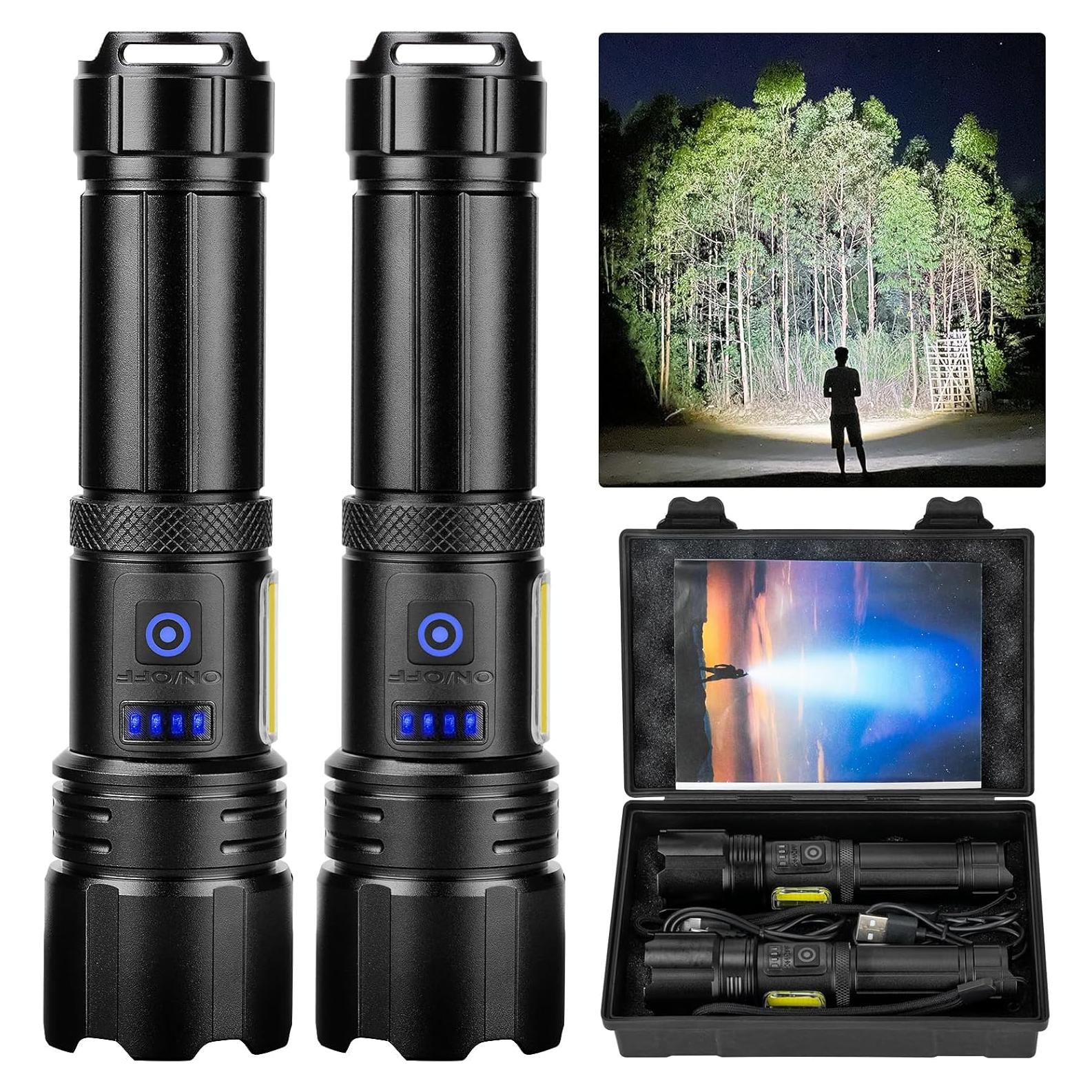 Rechargeable Flashlight, 2 Pack 900000 High Lumens Super Bright Flash Light, 7 Modes with COB Work Light, IPX6 Waterproof, Powerful Handheld LED Flashlights for Camping, Hiking