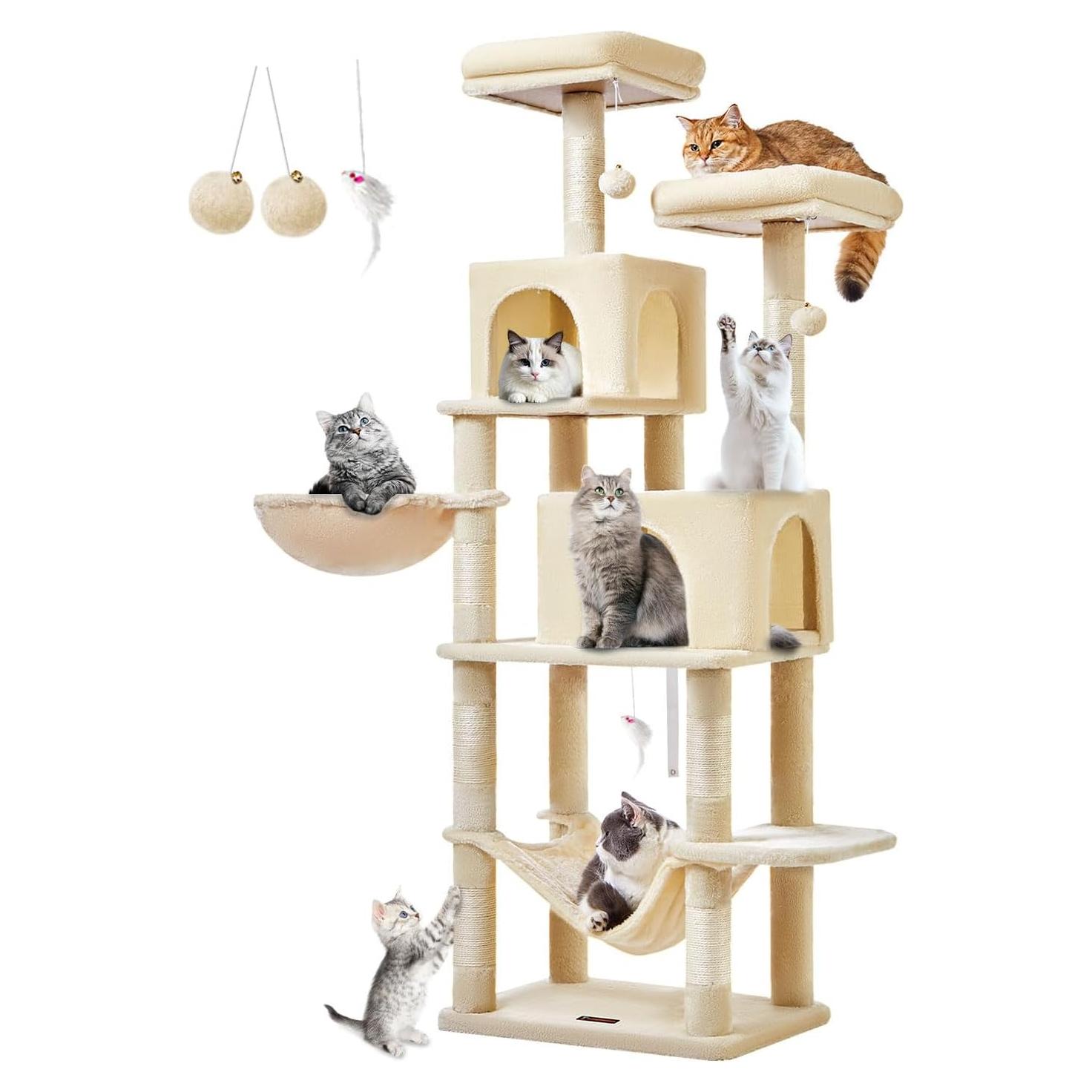 Árbol para Gatos Taoqimiao 168 cm Beige con 7 Postes y Hamaca