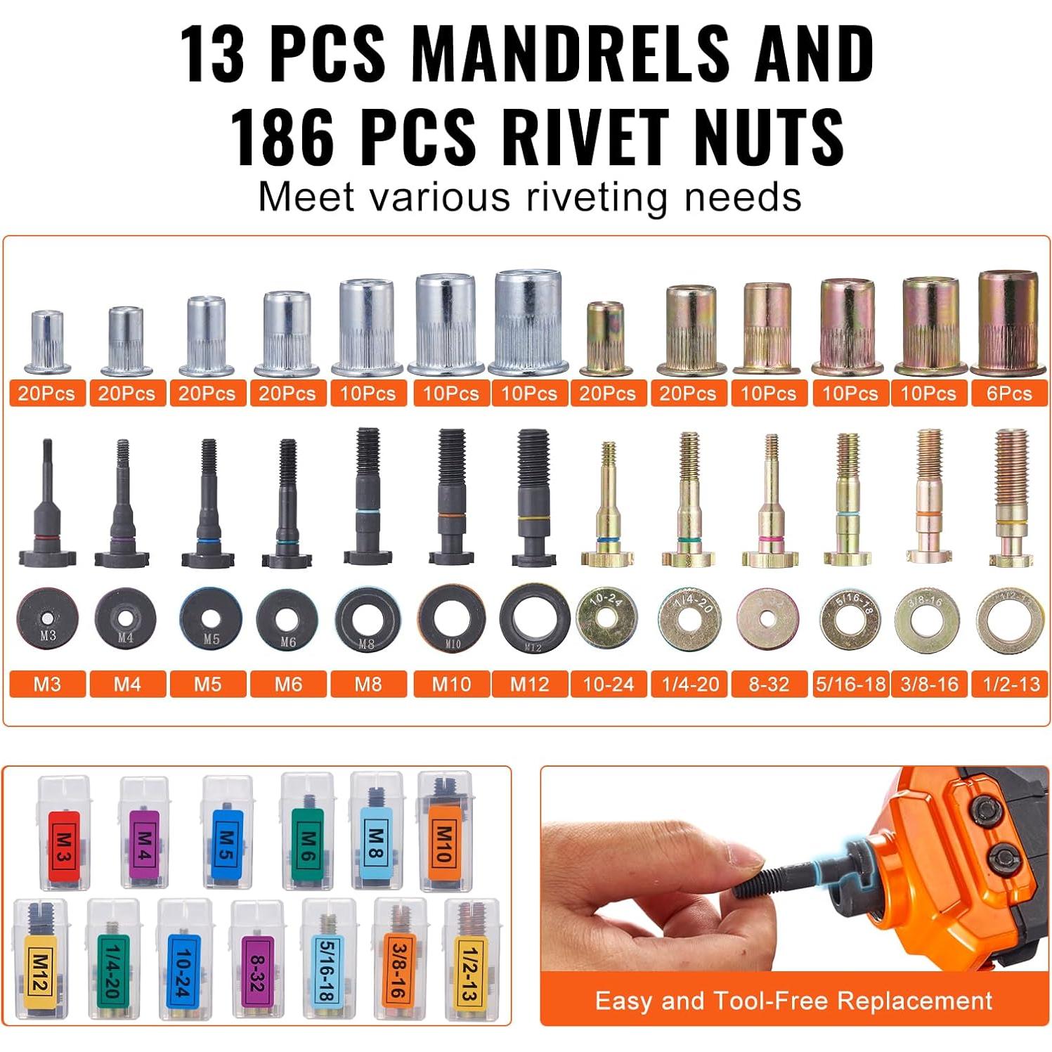 Kit de Herramienta Remachadora VEVOR 16" con 186 Tuercas