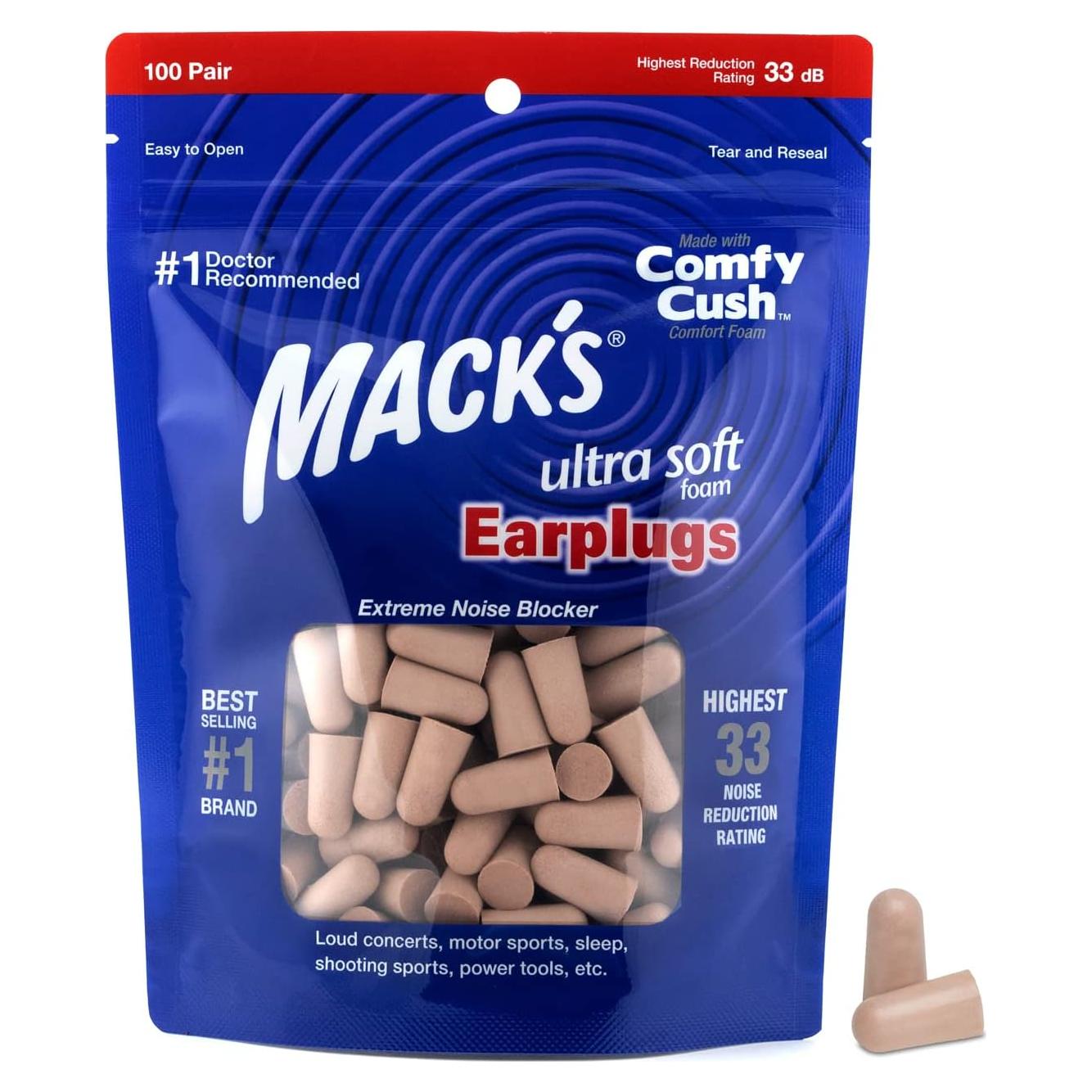 Tapones para oídos Mack de espuma suave - 100 pares, 33dB NRR