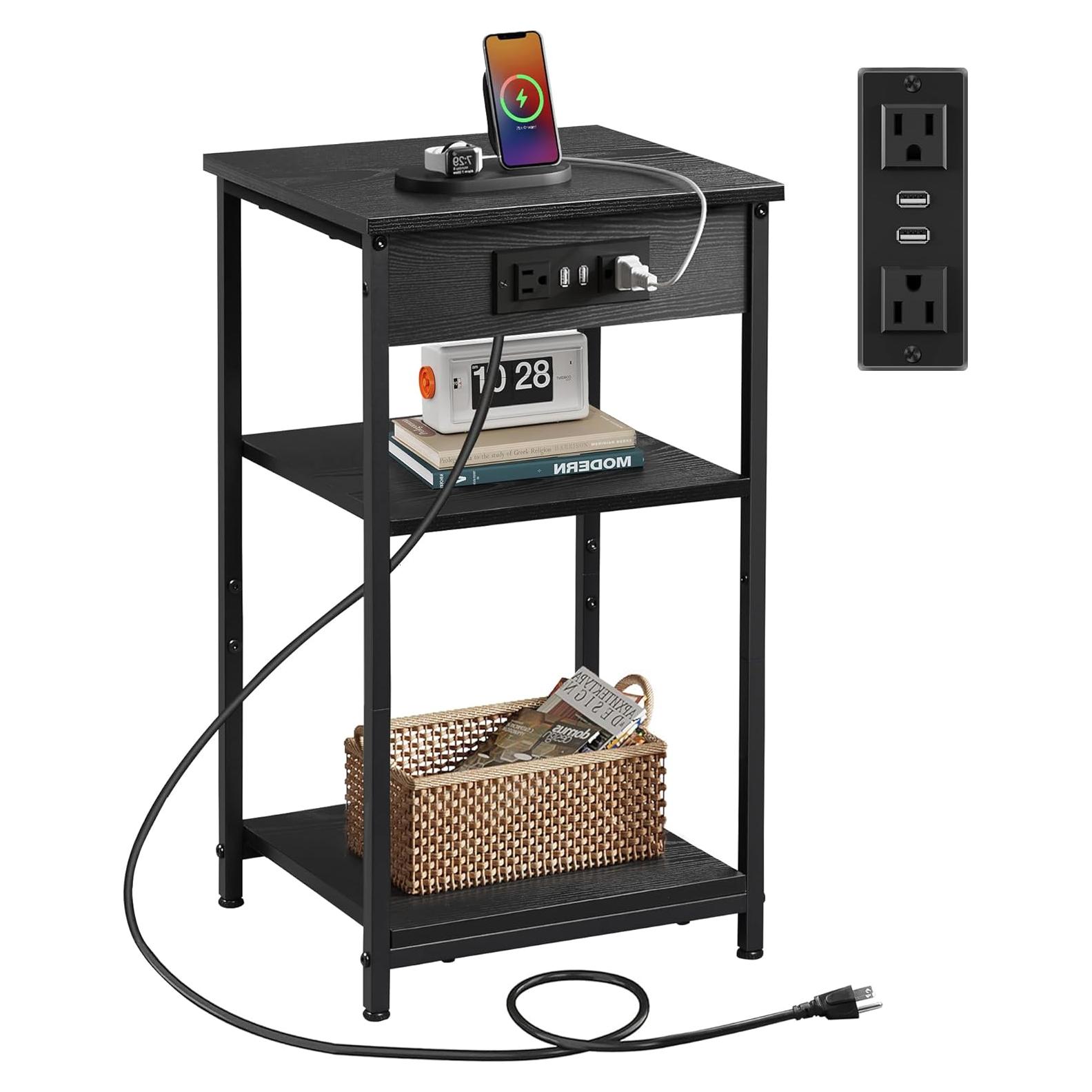 Mesa Lateral WLIVE Negra con Estación de Carga y 3 Estantes
