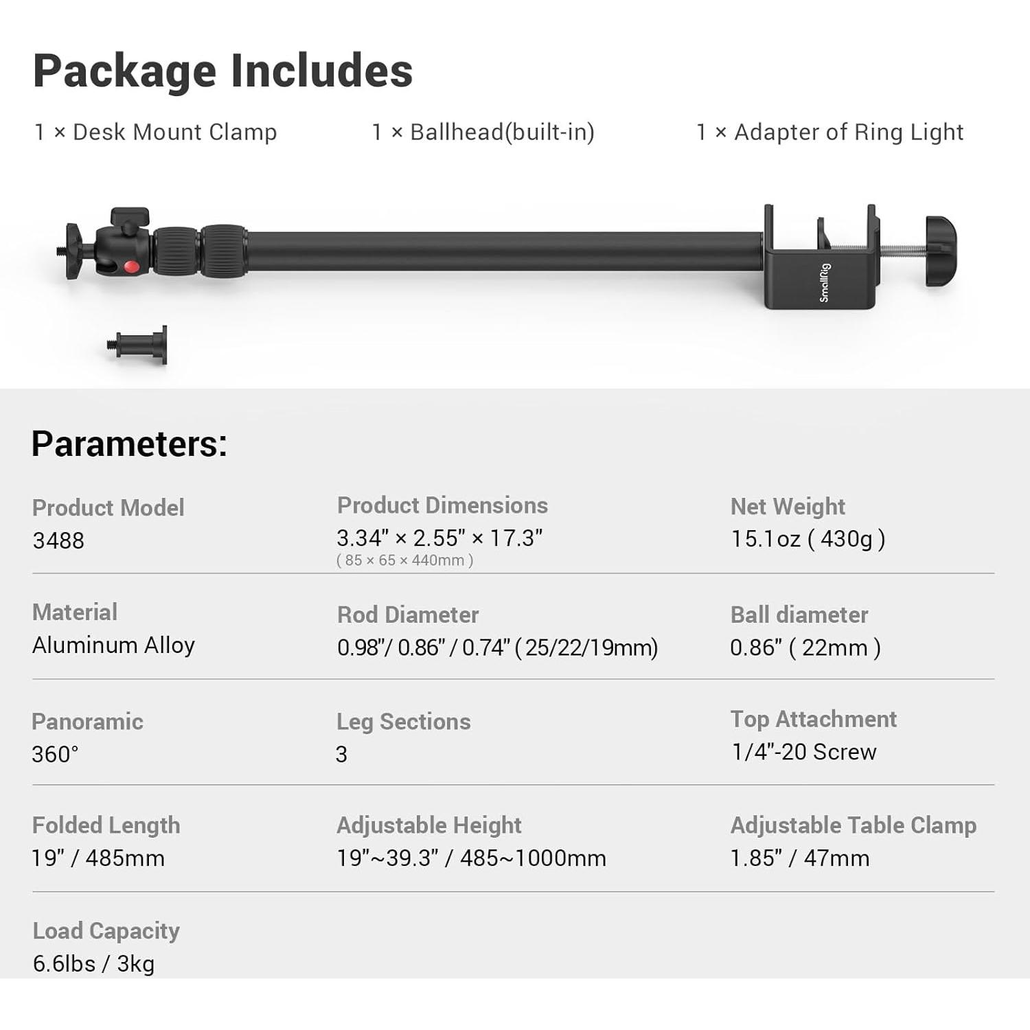 Soporte de Mesa para Cámara SmallRig 3488-SS Ajustable 48.5-100 cm