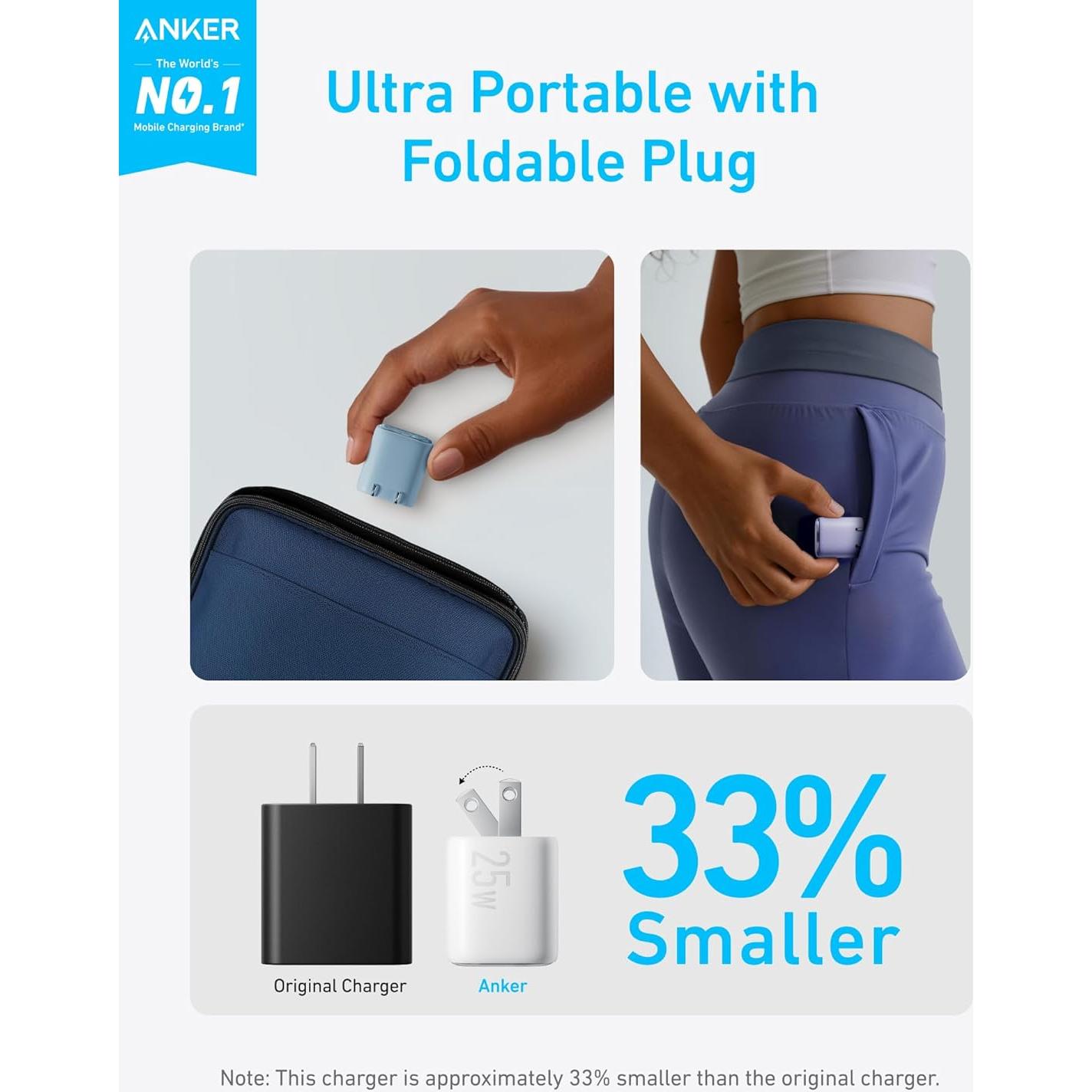 Cargador USB C Anker 25W Compacto Plegable Carga Rápida Negro