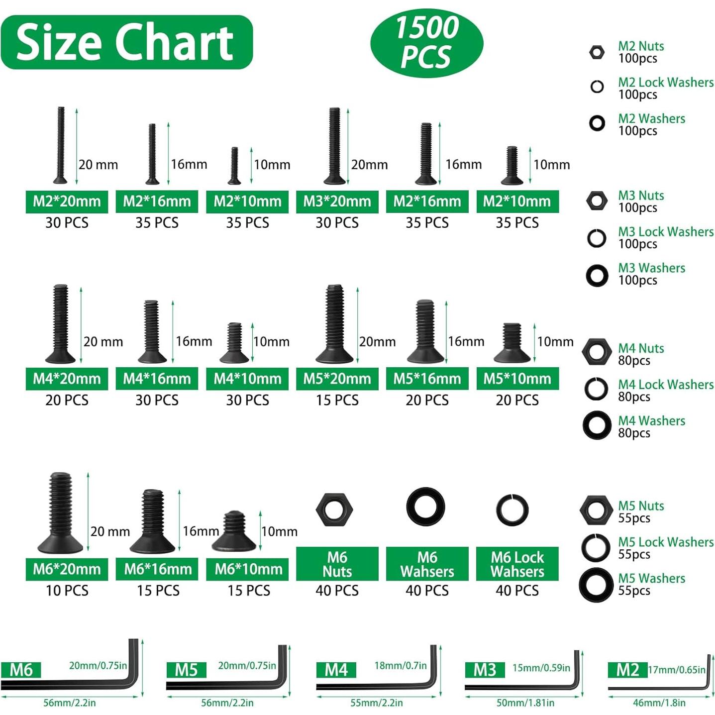 Juego de Tornillos y Tuercas Metrico LuKaiSen 1500PCS Acero 10.9
