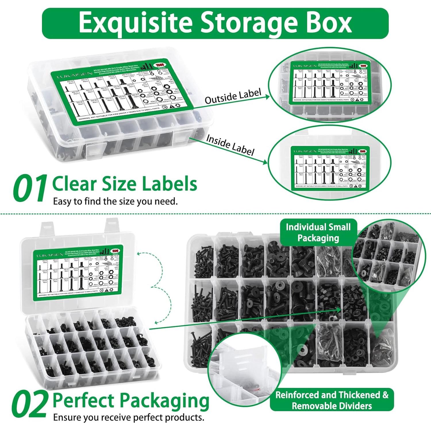 Juego de Tornillos y Tuercas Metrico LuKaiSen 1500PCS Acero 10.9