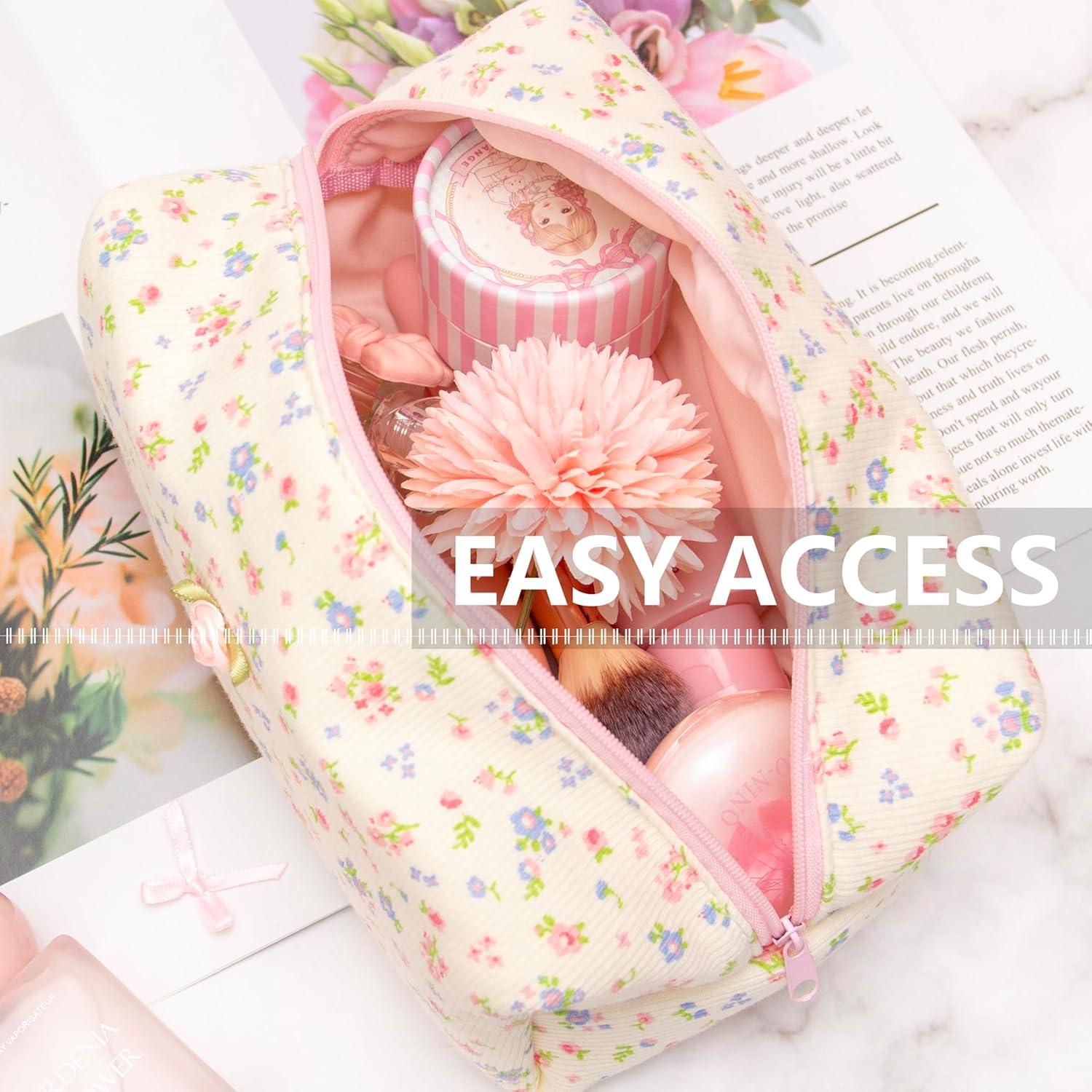 Bolsa de Maquillaje PAZIMIIK Grande Floral Beige 20.3x11.4x7.6cm