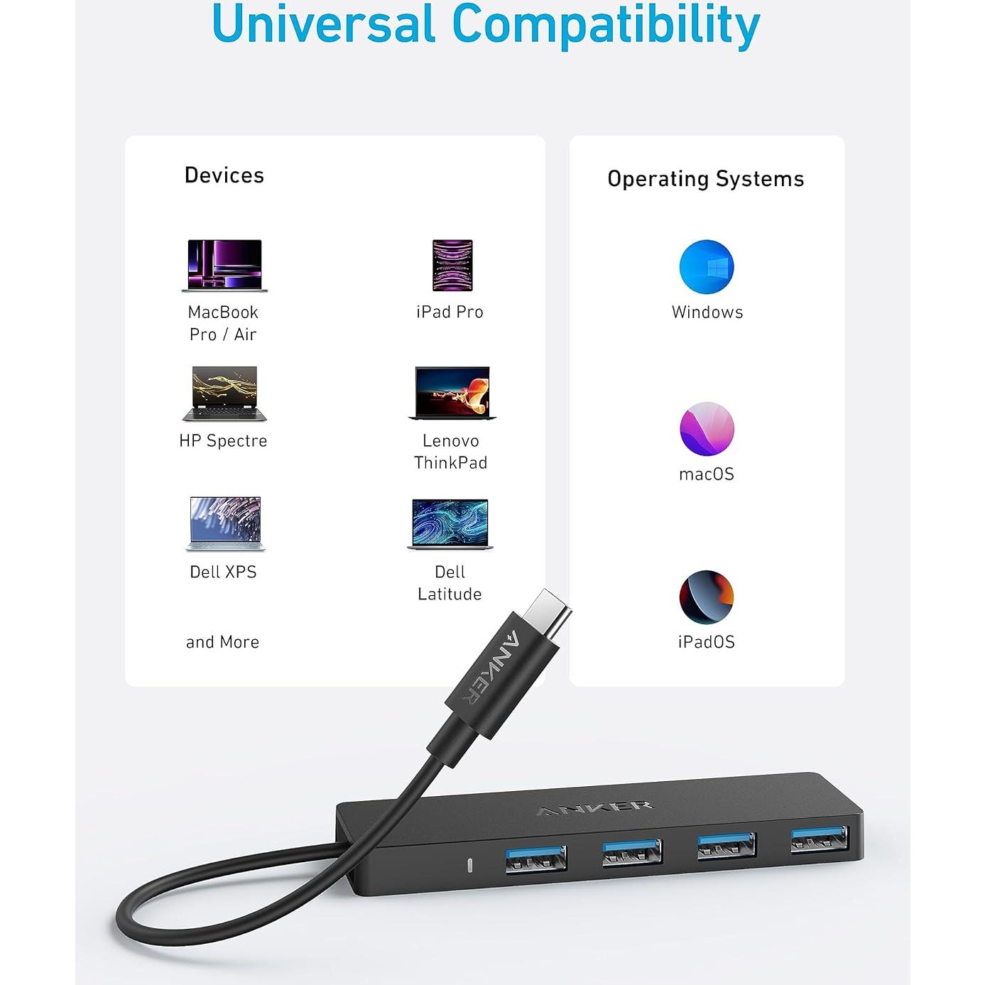 Hub USB-C Anker 4 Puertos 5Gbps Ultra Delgado 0.2m