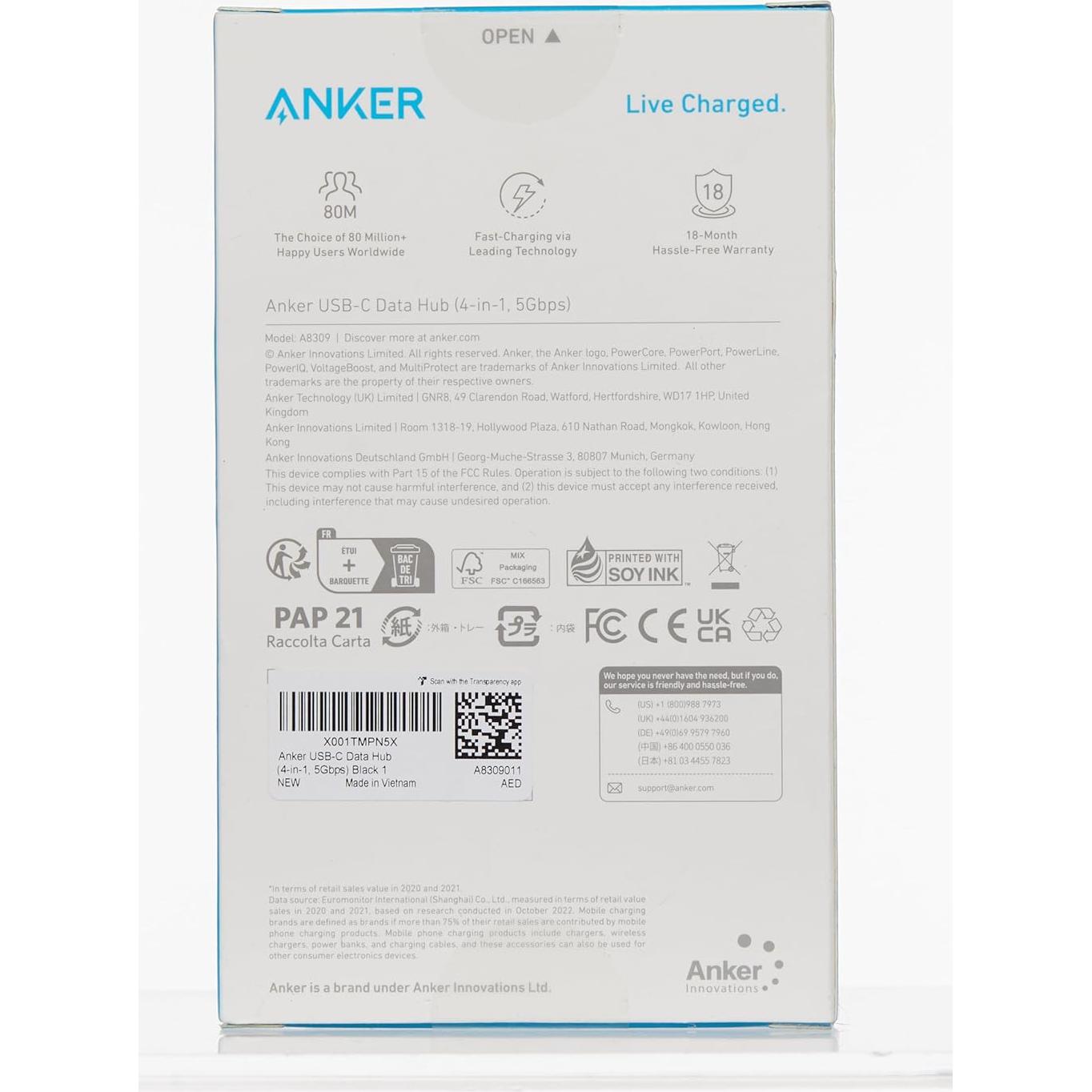 Hub USB-C Anker 4 Puertos 5Gbps Ultra Delgado 0.2m