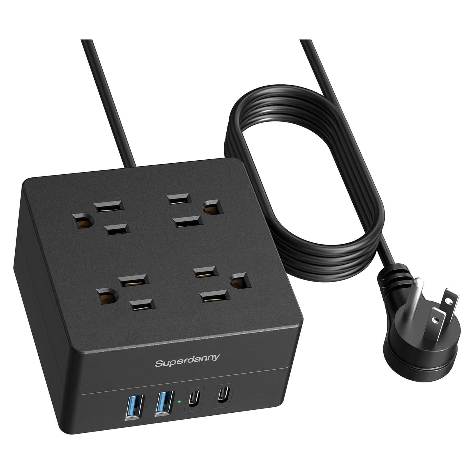 Toma de Corriente 1.5m SUPERDANNY 4 Salidas AC y 4 USB