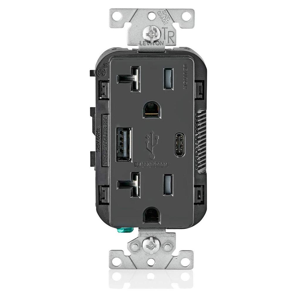 Cargador de Pared Leviton T5833-E USB Tipo A y C 20A Negro