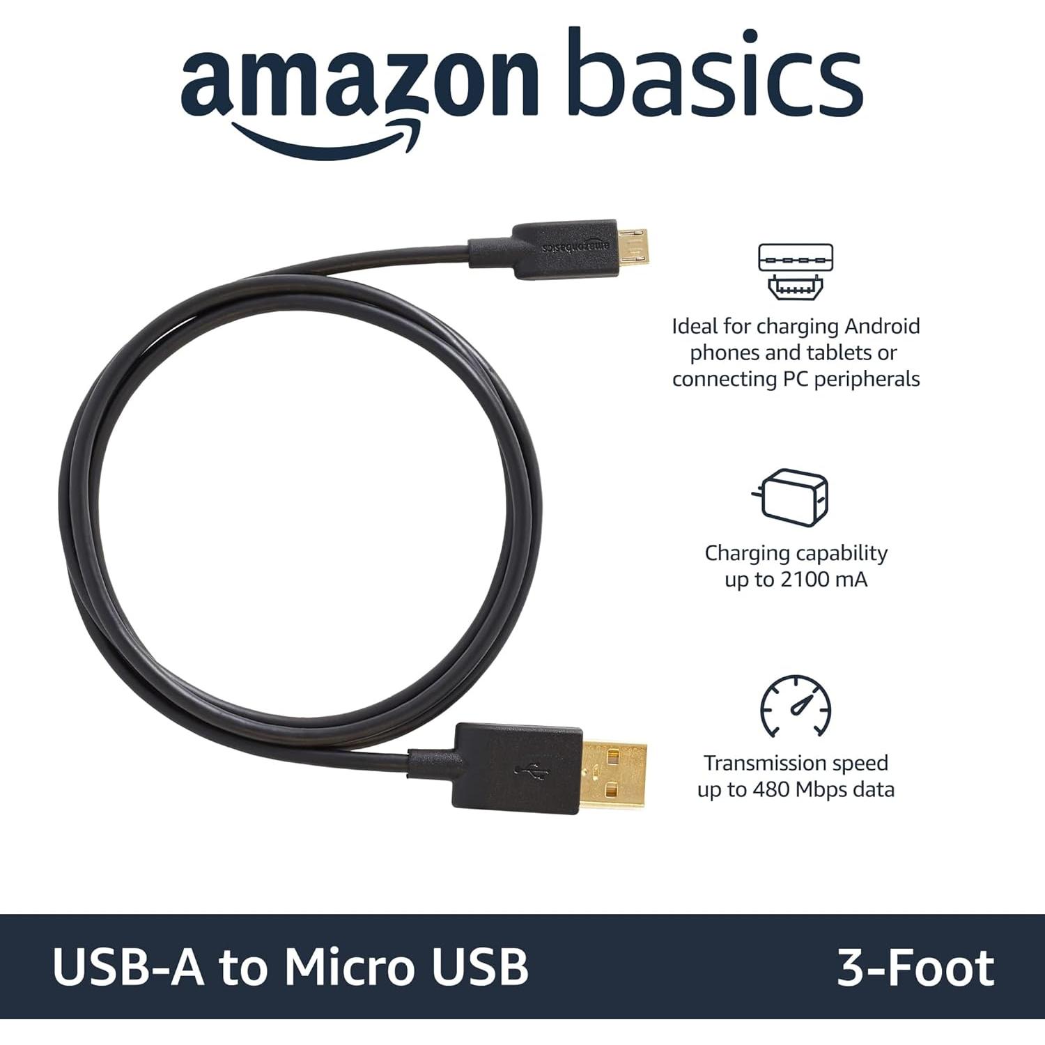 Paquete de 3 Cables USB 2.0 Amazon Basics 0.91m Negro