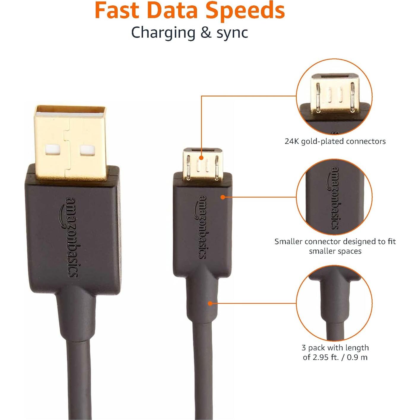 Paquete de 3 Cables USB 2.0 Amazon Basics 0.91m Negro