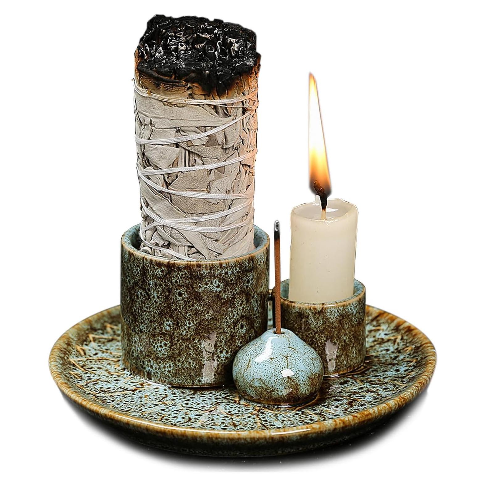 Soporte de Incienso y Vela Cerámico YIENENG 4 en 1 Azul