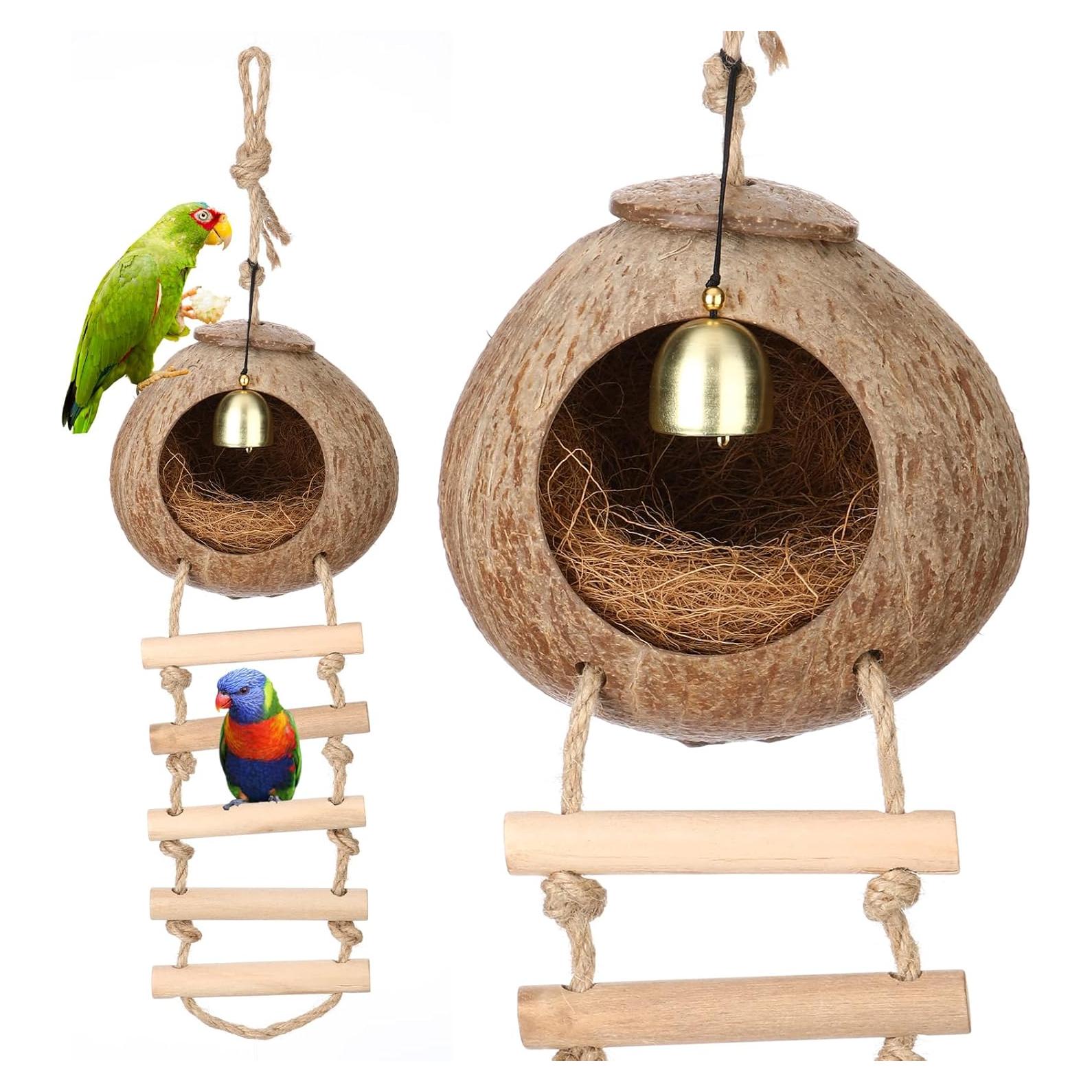 Nido de Coco Natural para Aves Briwooody con Escalera y Campana