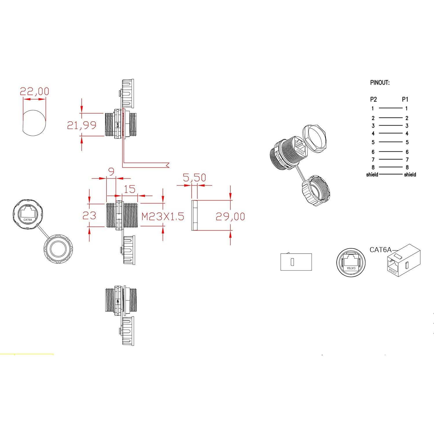 5 Conectores RJ45 a Prueba de Agua CAT6A Blindados M23