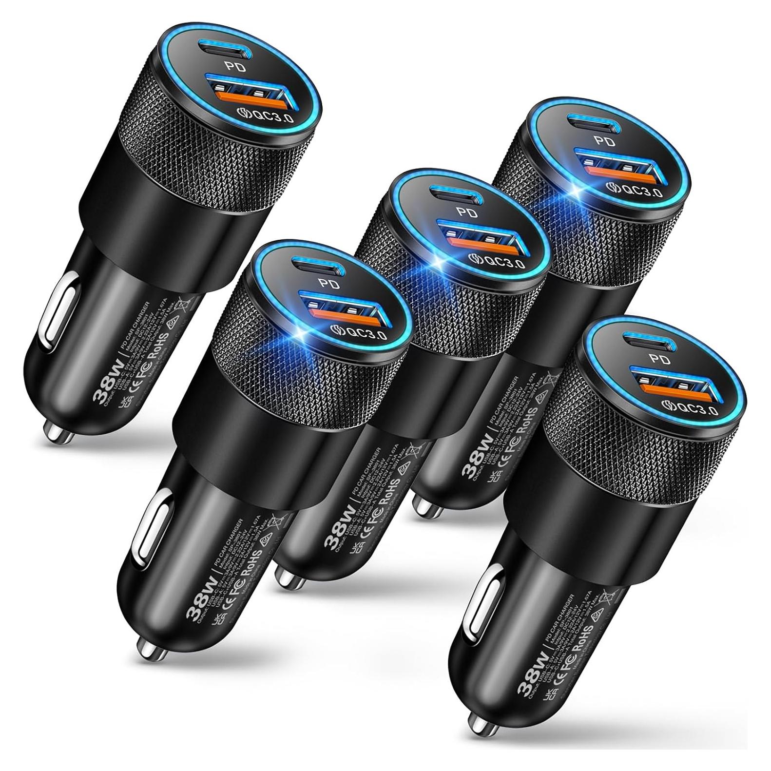 Cargador de Coche USB C 38W 5-Pack Negro - Rápido y Seguro