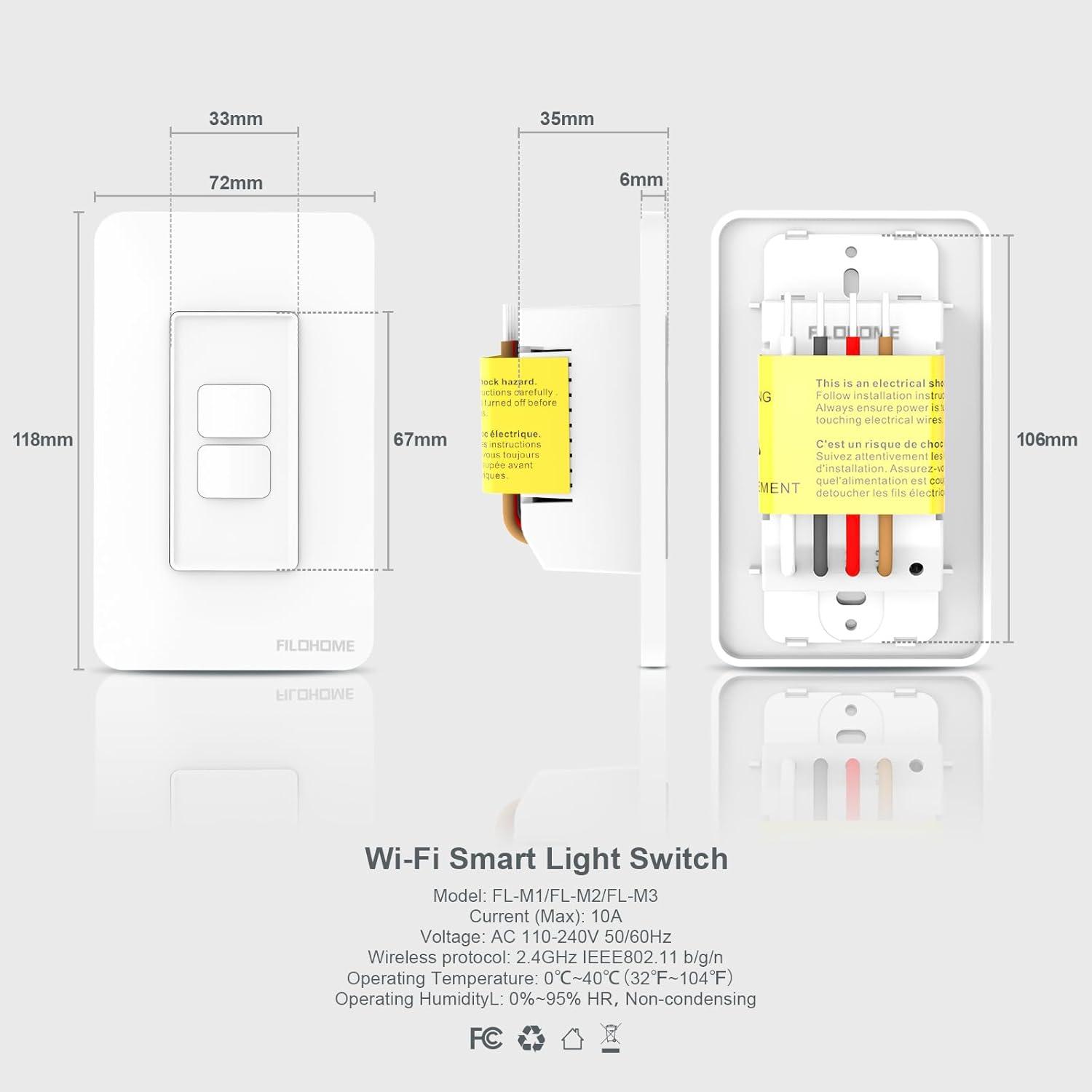 Interruptor de Luz Inteligente Filohome 2 Gang Wi-Fi 2.4GHz