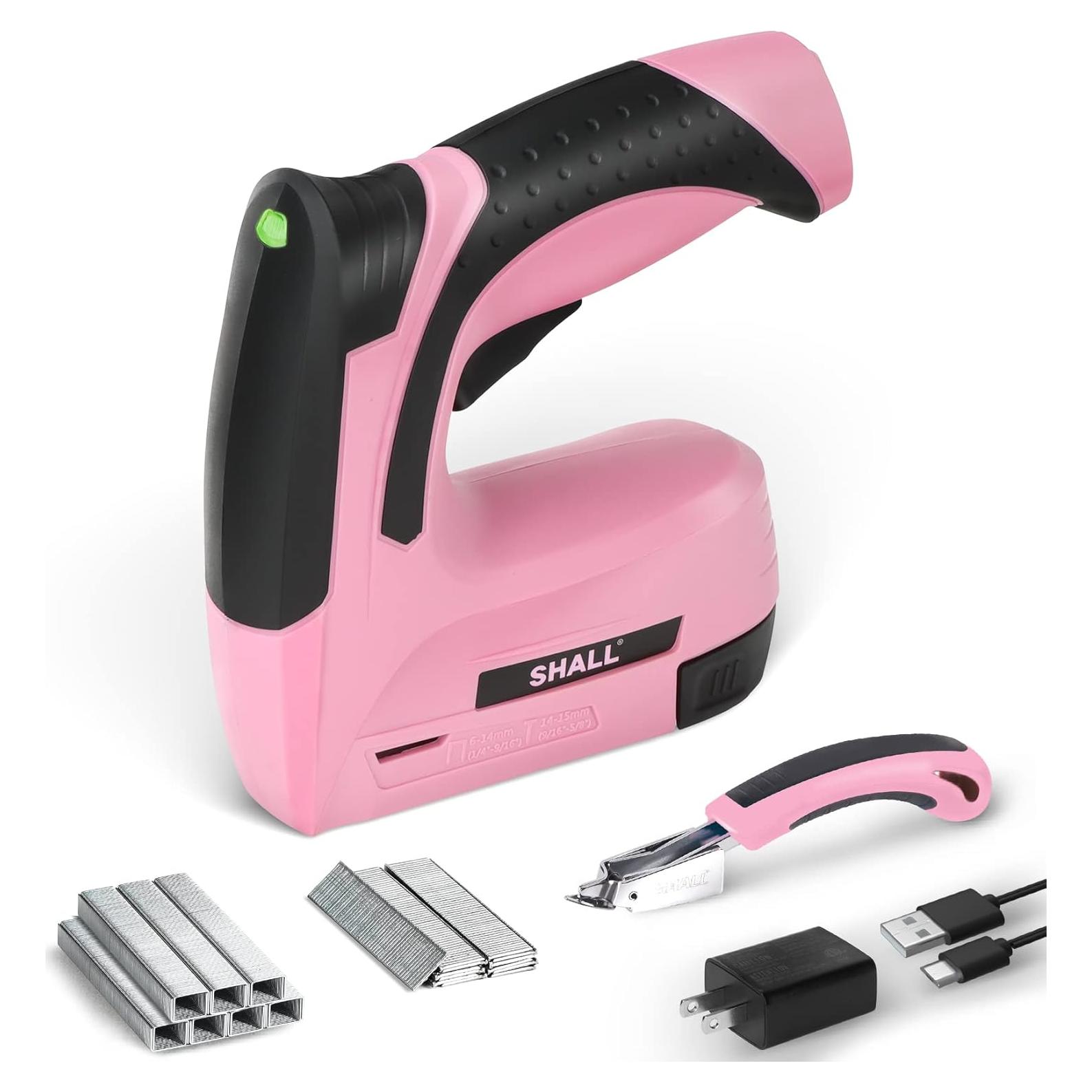 Pistola de Grapas Eléctrica Rosa SHALL 4V Inalámbrica 2 en 1