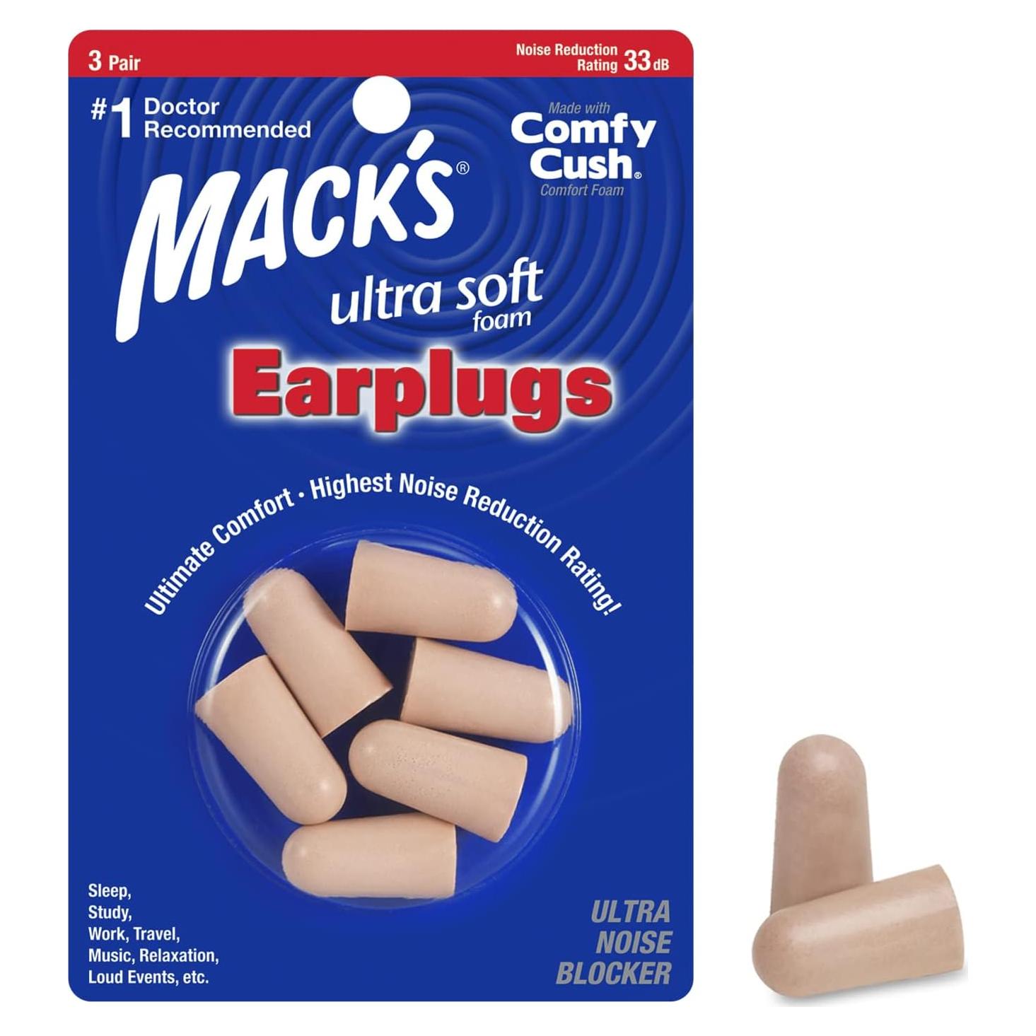 Tapones para oídos Mack's de espuma ultra suave - 3 pares, 33dB NRR