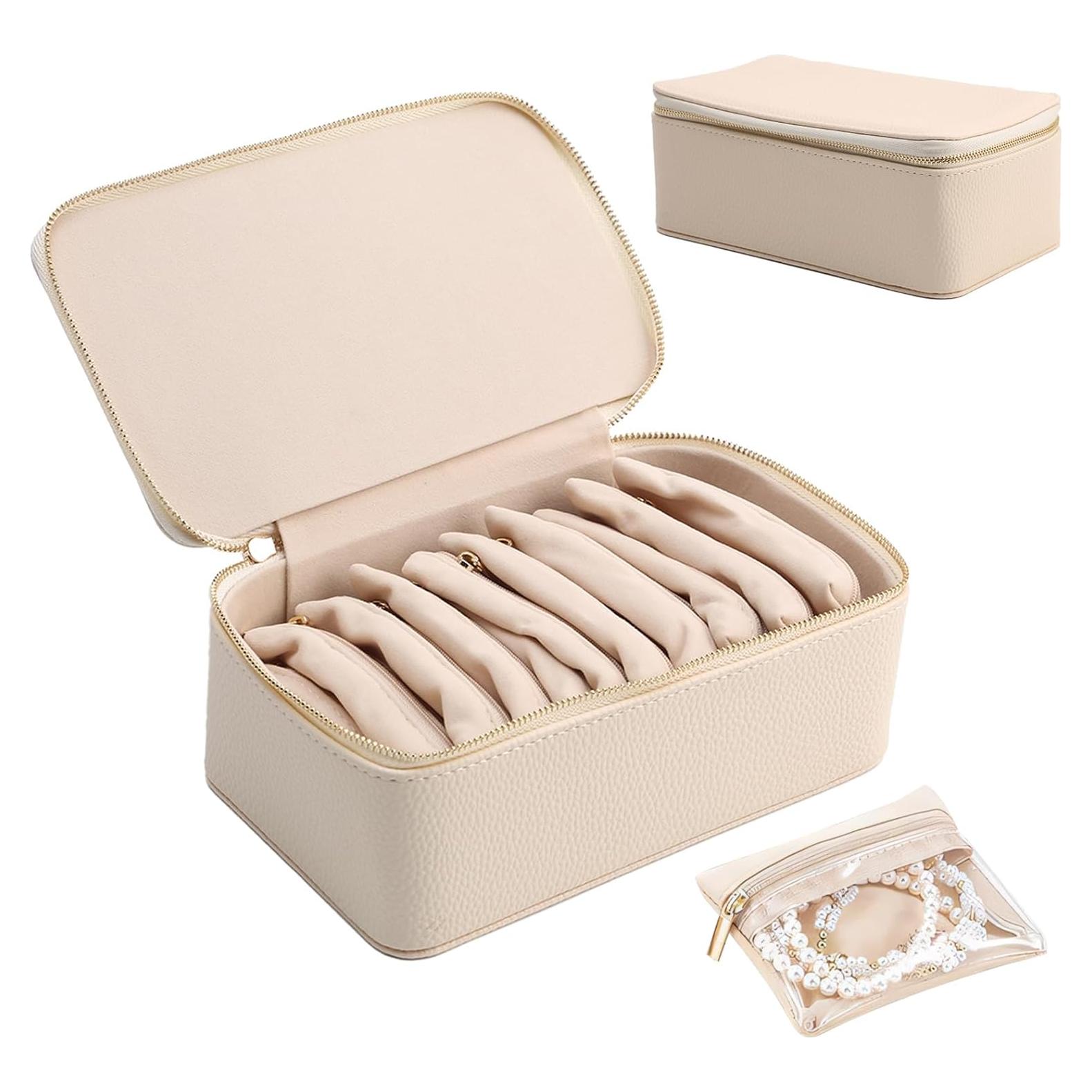 Caja de Joyería de Viaje NCONCO Beige con 12 Bolsas de Terciopelo