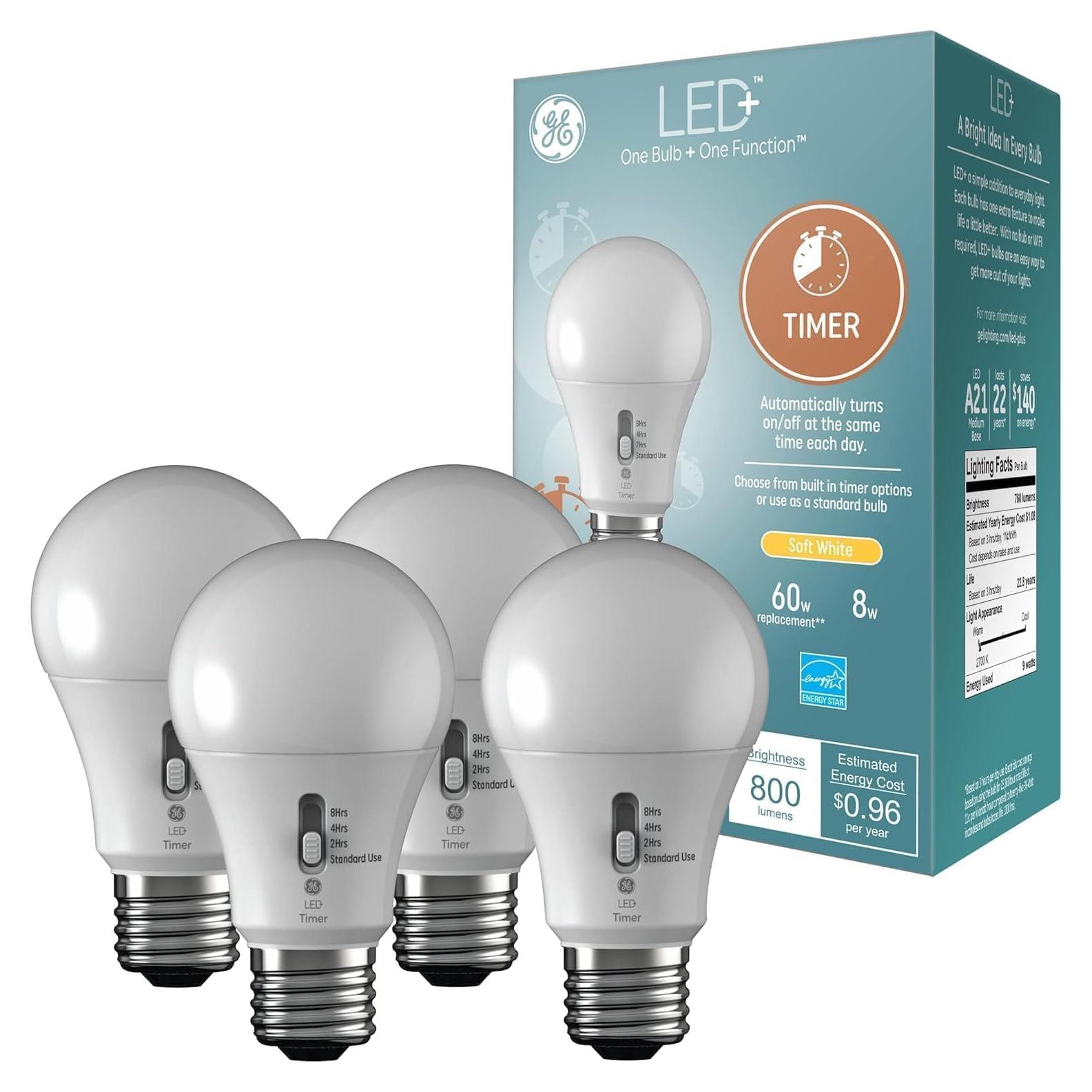 Bombillas LED GE+ A19 con Temporizador 8W Blanco Cálido 4 Pzas