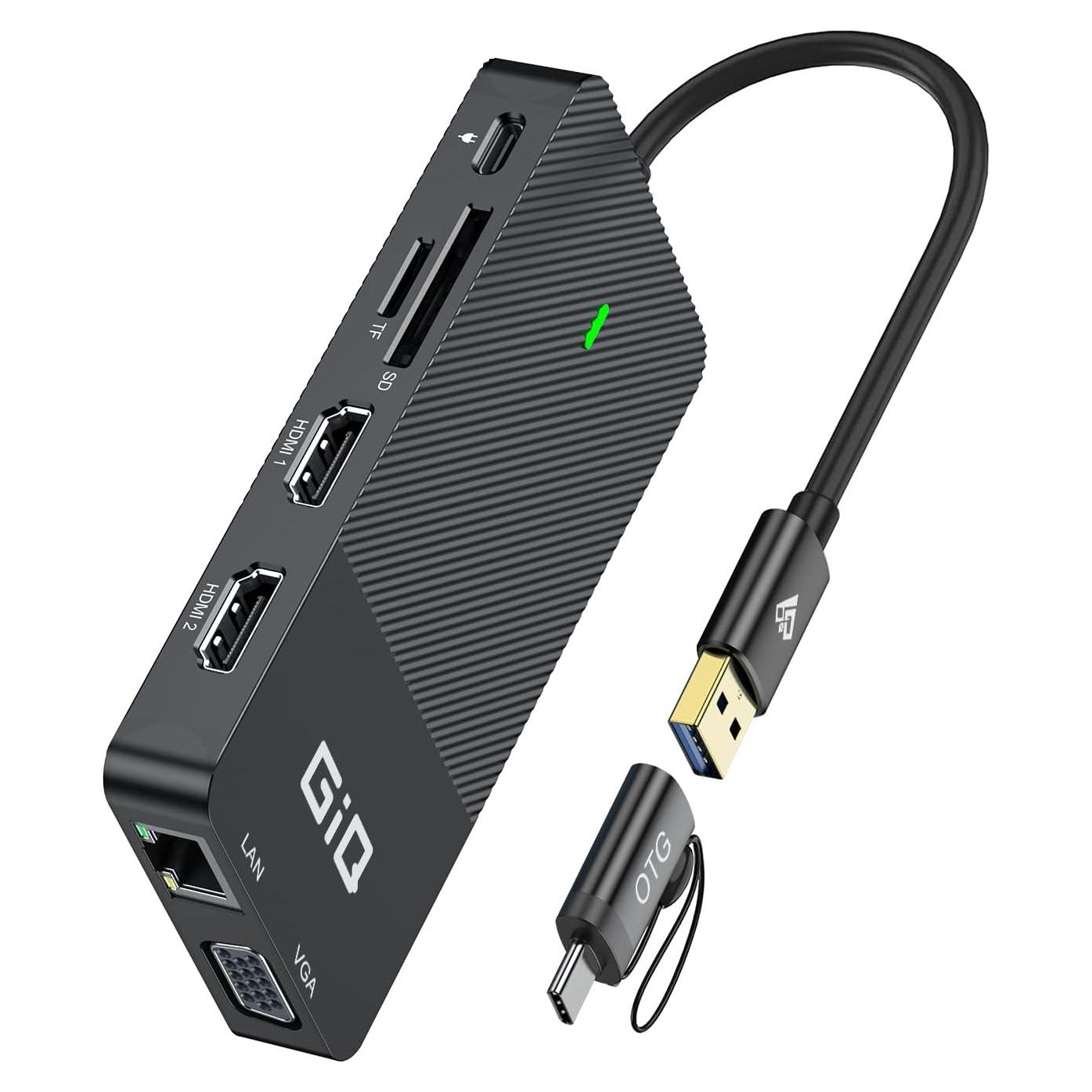 HUB USB-C GIQ D3908 Adaptador 11 en 1 HDMI VGA Negro
