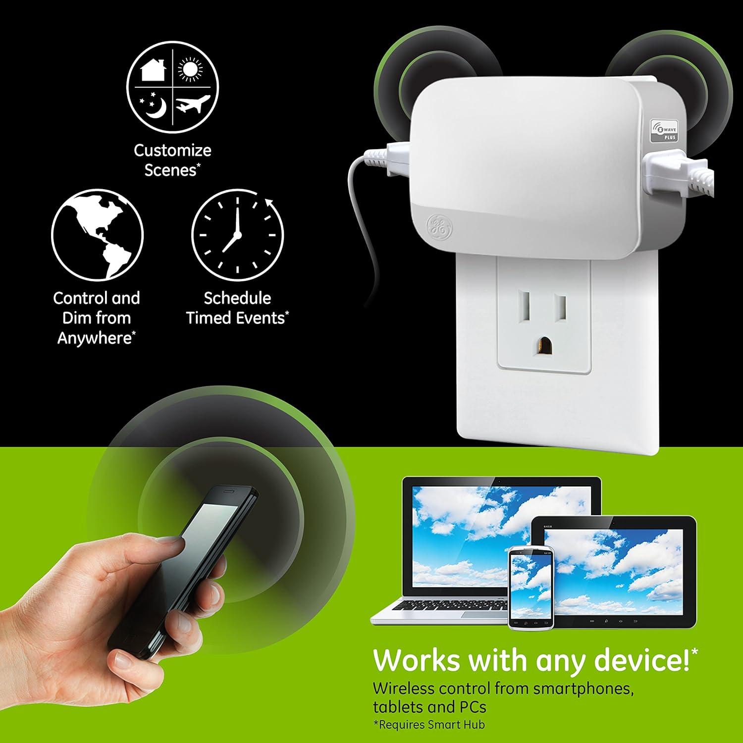 GE Enbrighten Z-Wave Plus Smart Dimmer Plug-In, 2 Simultaneously Controlled Z-Wave Outlets, Works with Alexa, Google Assistant, Repeater/Range Extender, ZWave Hub Required, 14280